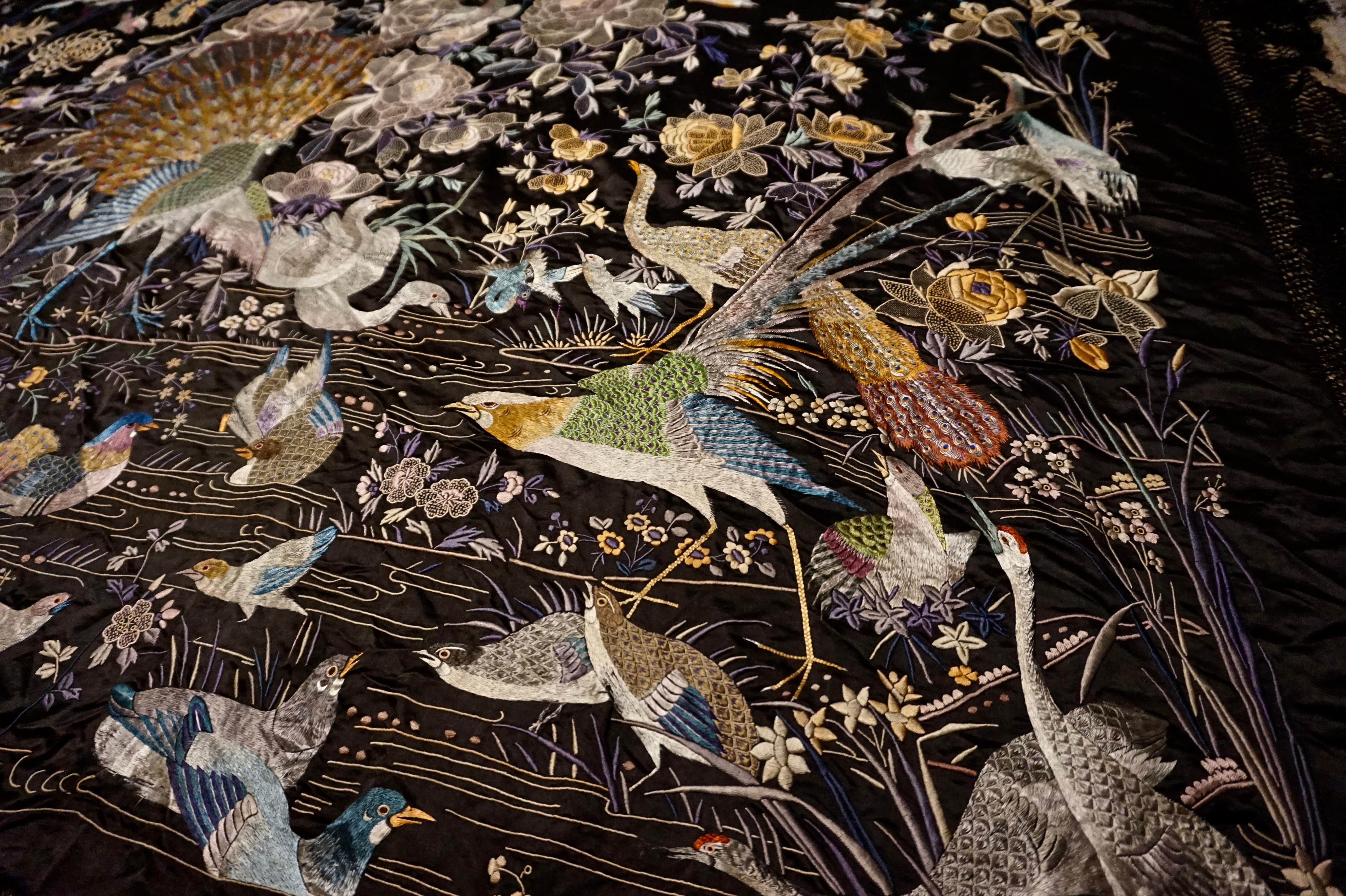 Chinese Export Large Late 19th Century Fine Chinese Silk Embroidery Depicting Multiple Birds