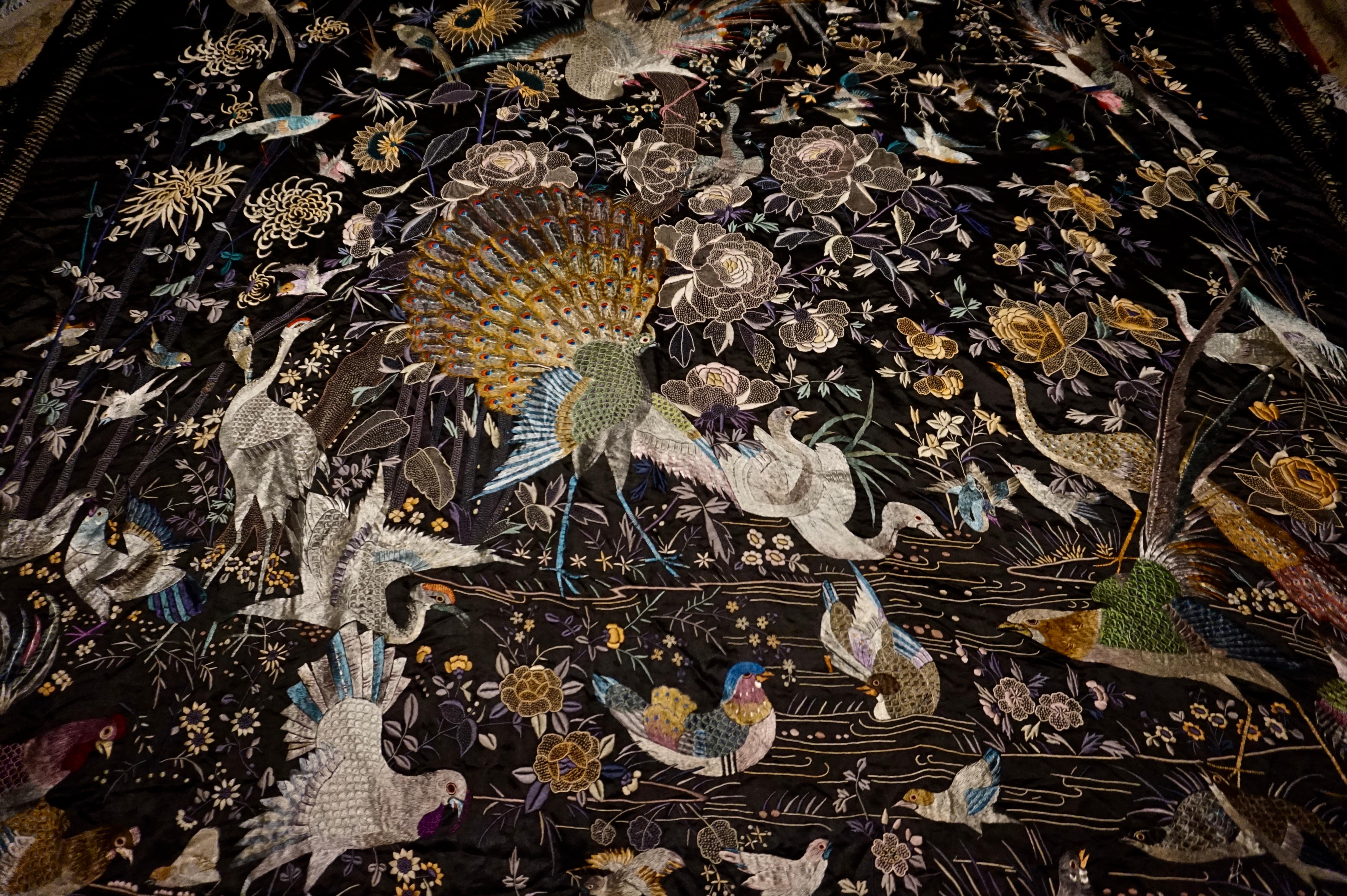 Embroidered Large Late 19th Century Fine Chinese Silk Embroidery Depicting Multiple Birds