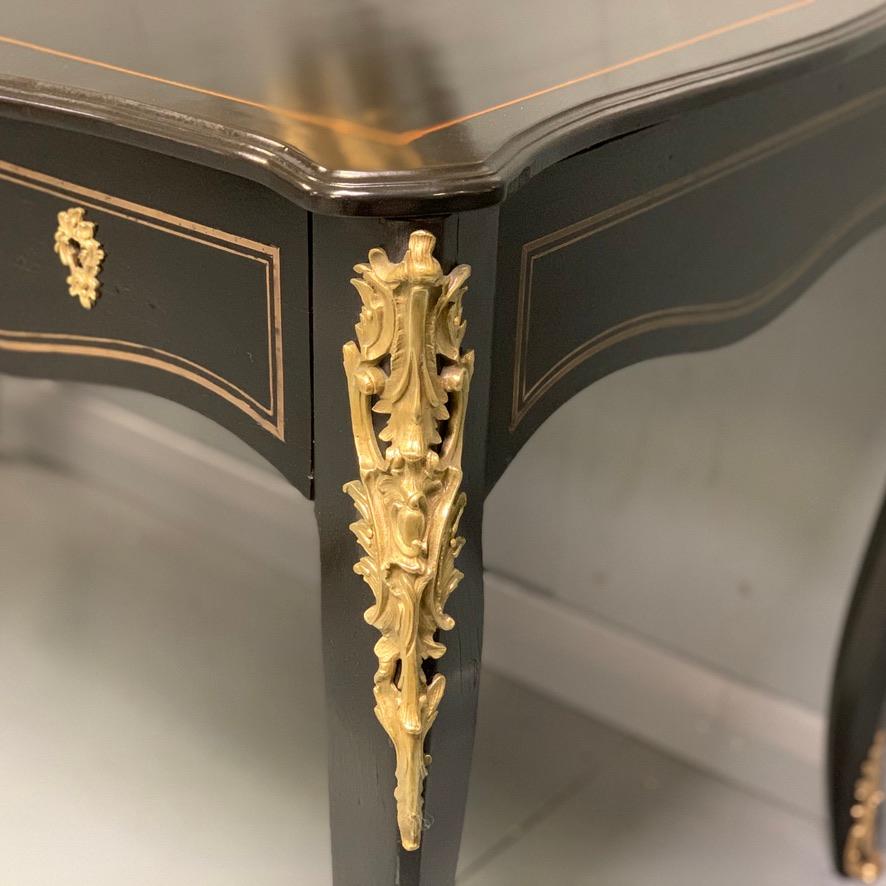 Louis XV Large Late 19th Century French Black Lacquered and Brass Bureau Plat Desk