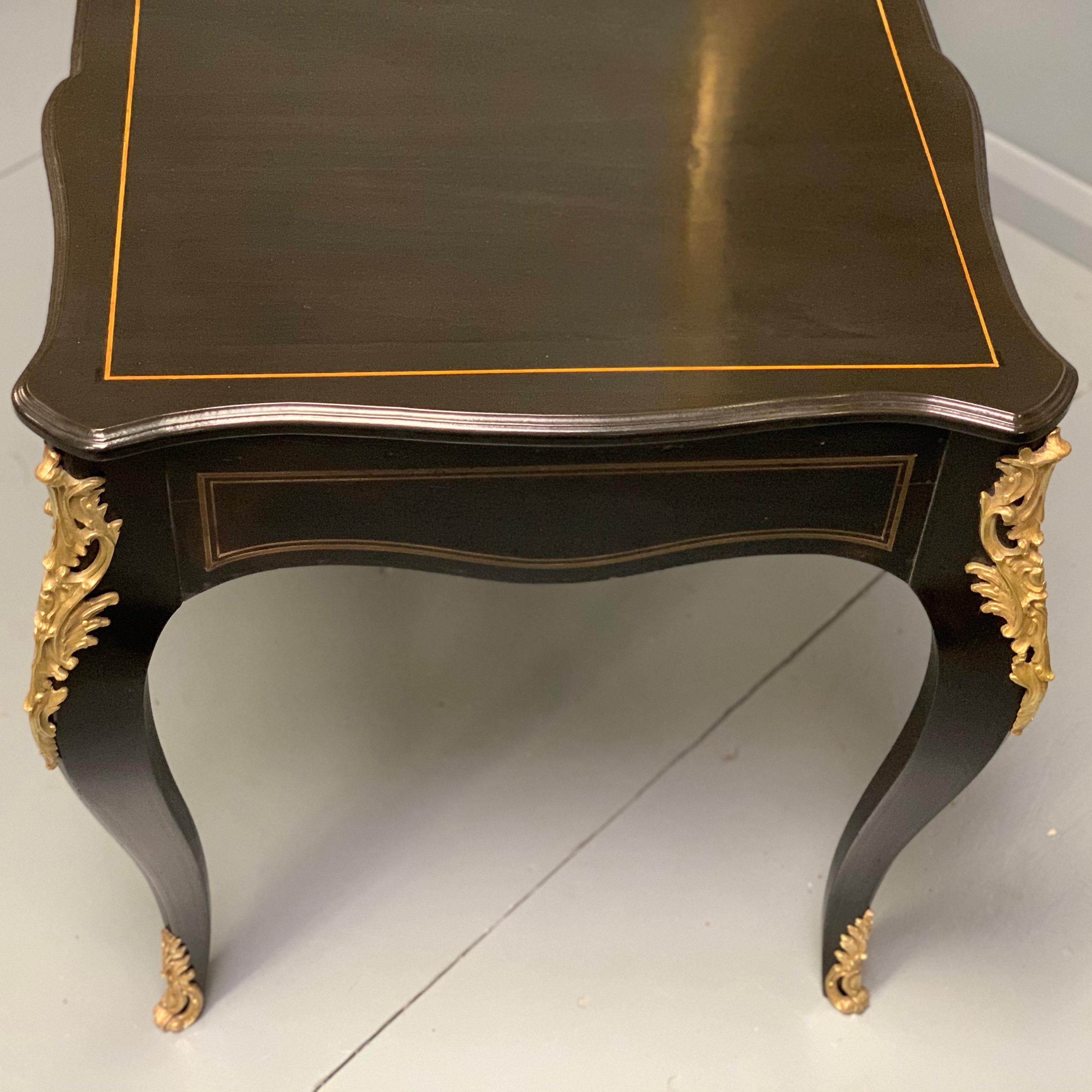 Mahogany Large Late 19th Century French Black Lacquered and Brass Bureau Plat Desk