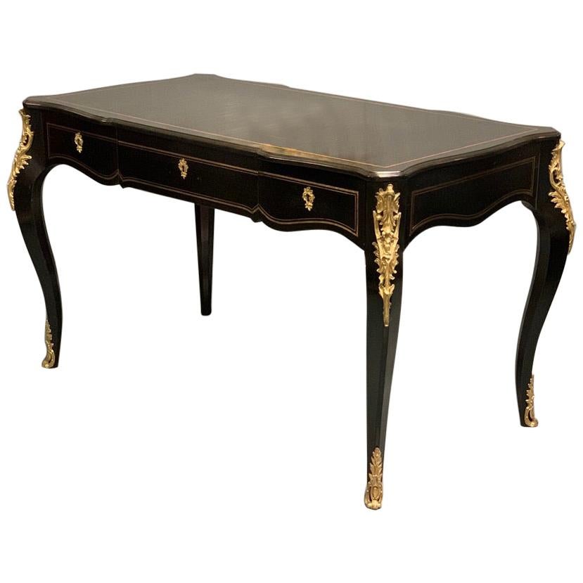 Large Late 19th Century French Black Lacquered and Brass Bureau Plat Desk