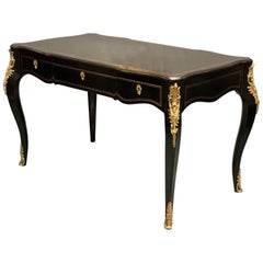 Antique Large Late 19th Century French Black Lacquered and Brass Bureau Plat Desk