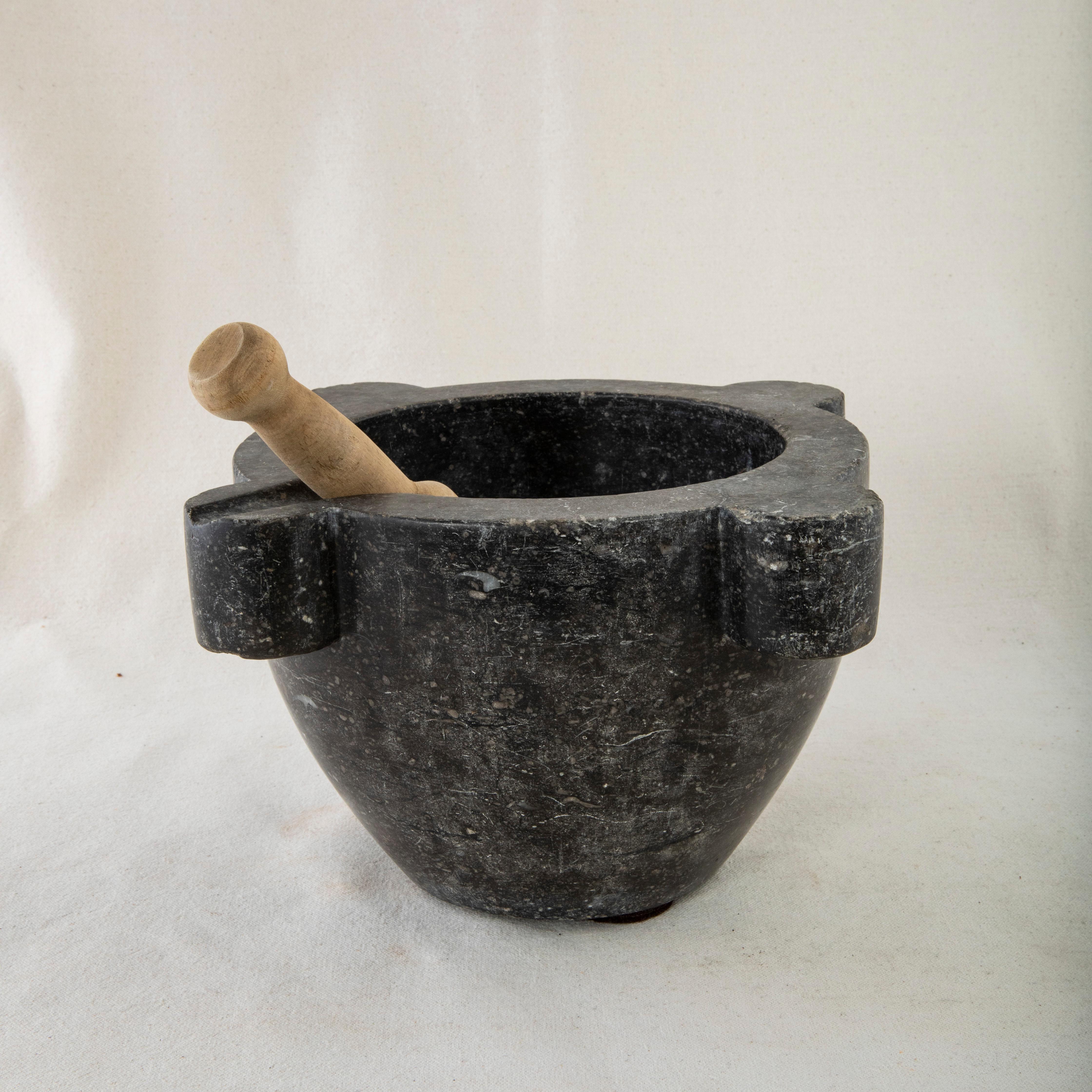 Large Late 19th Century French Black Marble Mortar and Beechwood Pestle 2