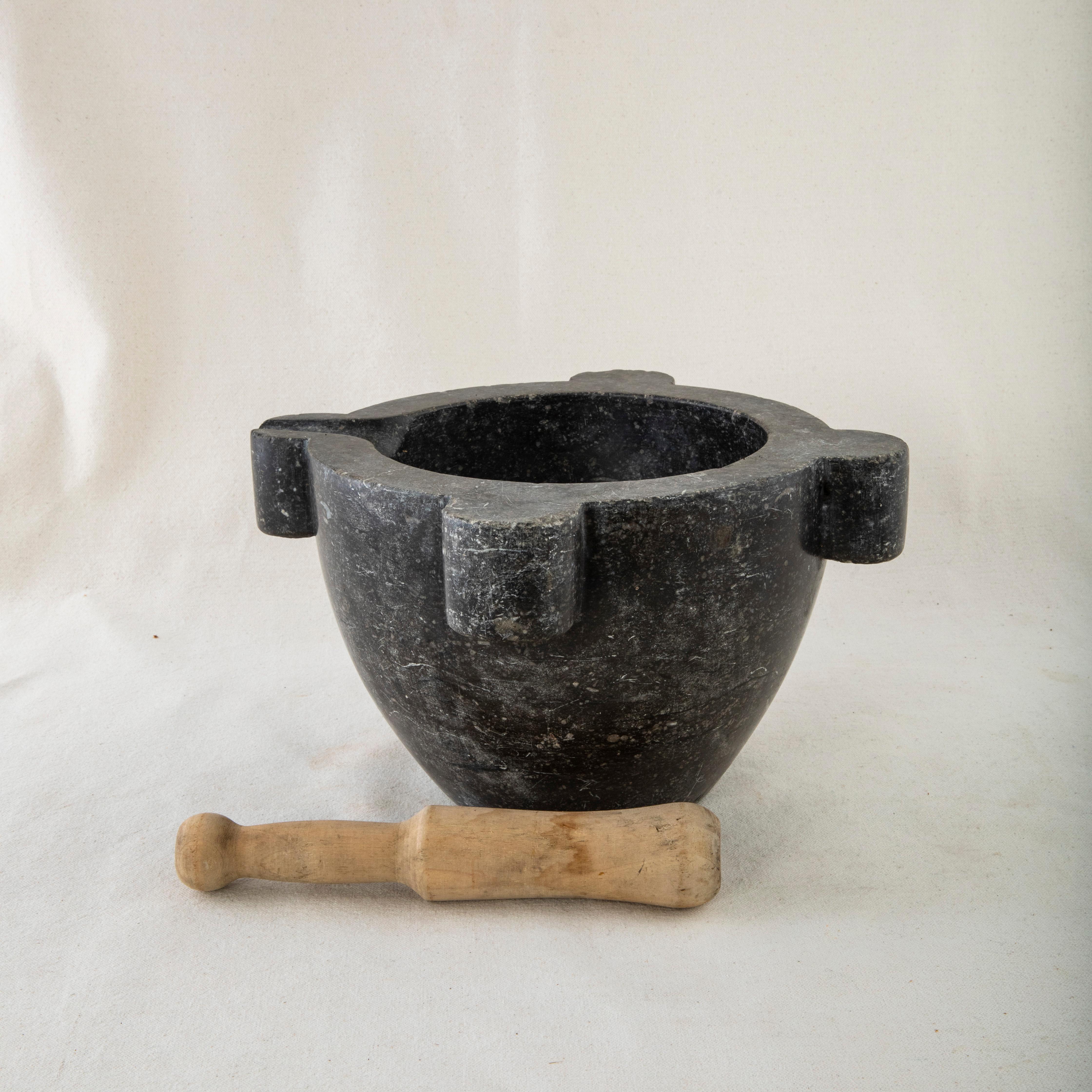 Large Late 19th Century French Black Marble Mortar and Beechwood Pestle 3