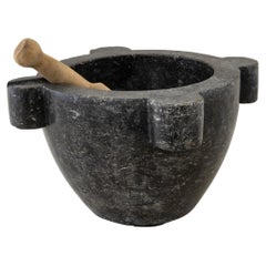 Large Late 19th Century French Black Marble Mortar and Beechwood Pestle