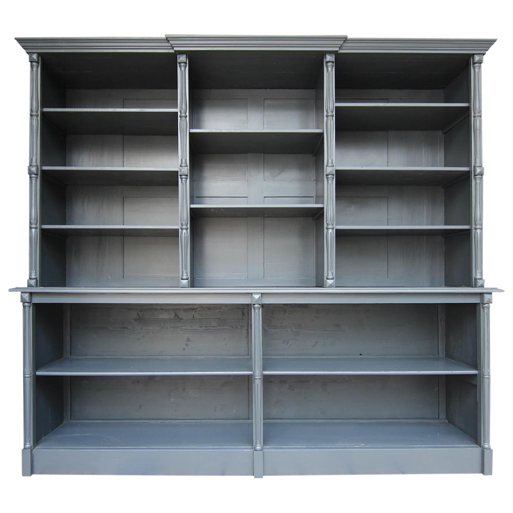Large Late 19th Century French Bookcase or Shop Cabinet, New Painted Anthracite