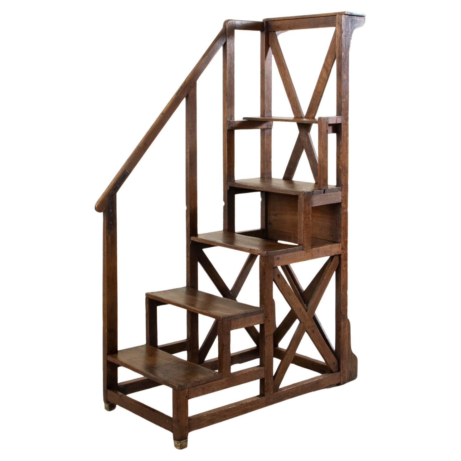 Large Late 19th Century French Hand Pegged Oak Library Ladder, Staircase