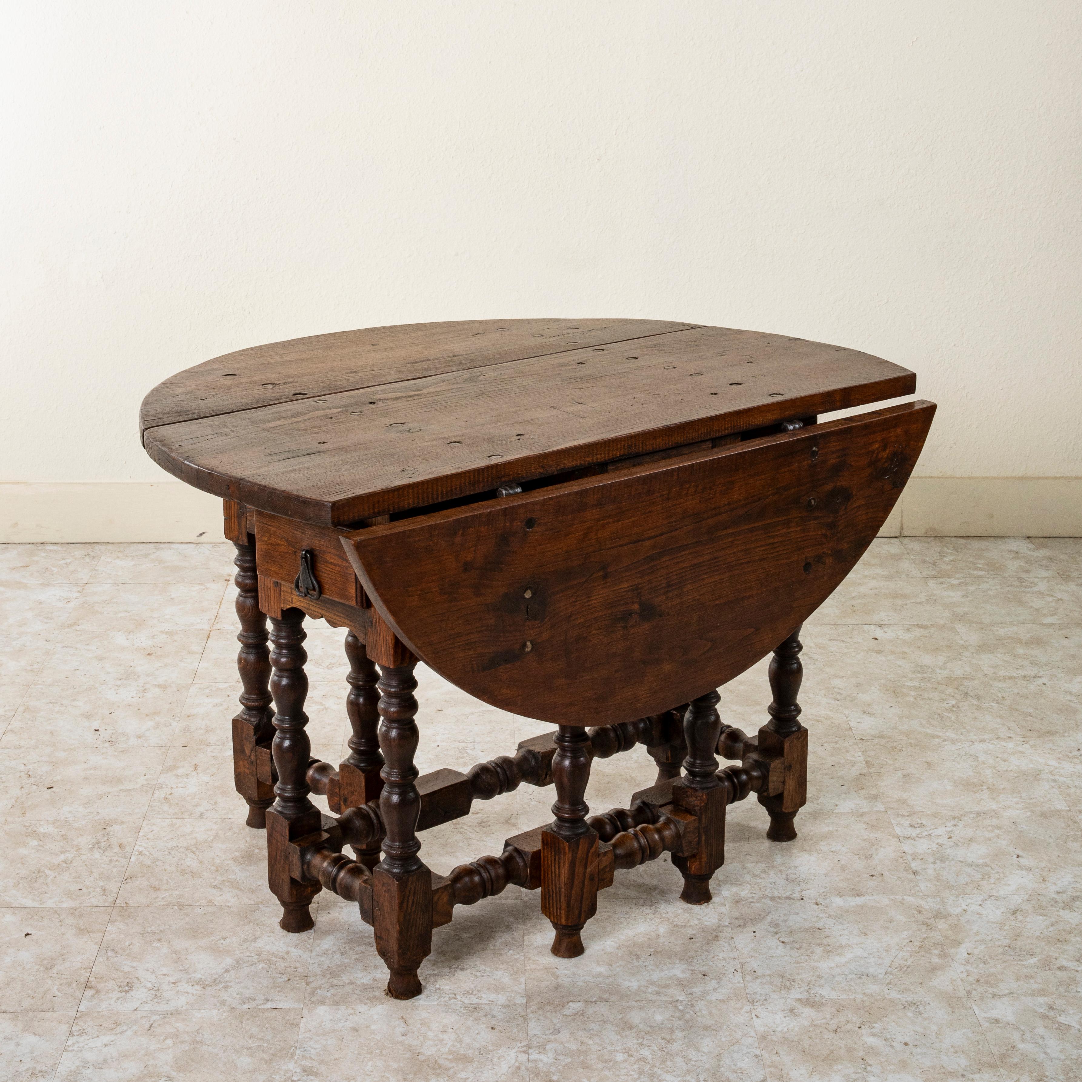 Large Late 19th Century French Oak Gateleg Table, Two Drawers, Hand Forged Iron 7
