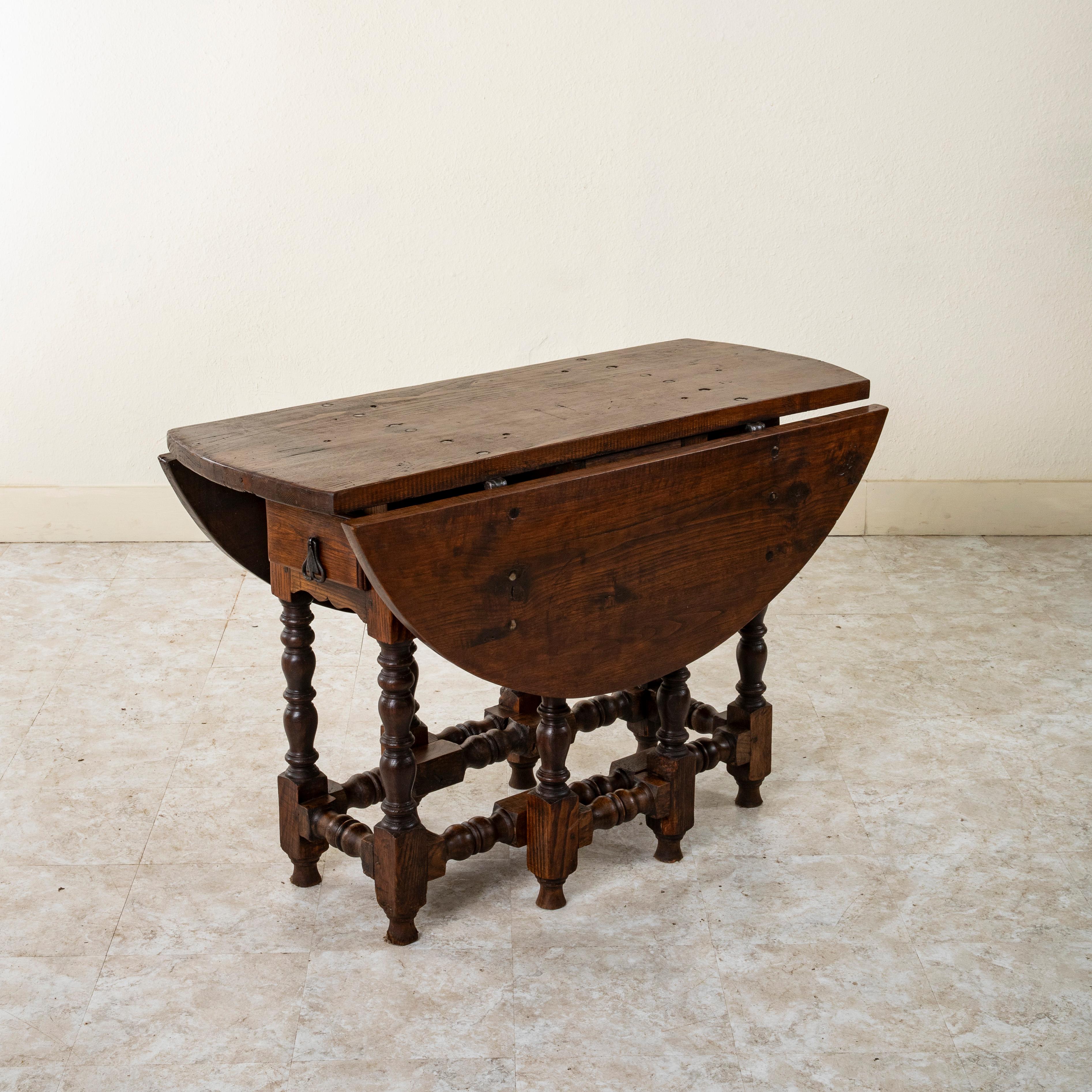 Large Late 19th Century French Oak Gateleg Table, Two Drawers, Hand Forged Iron 8