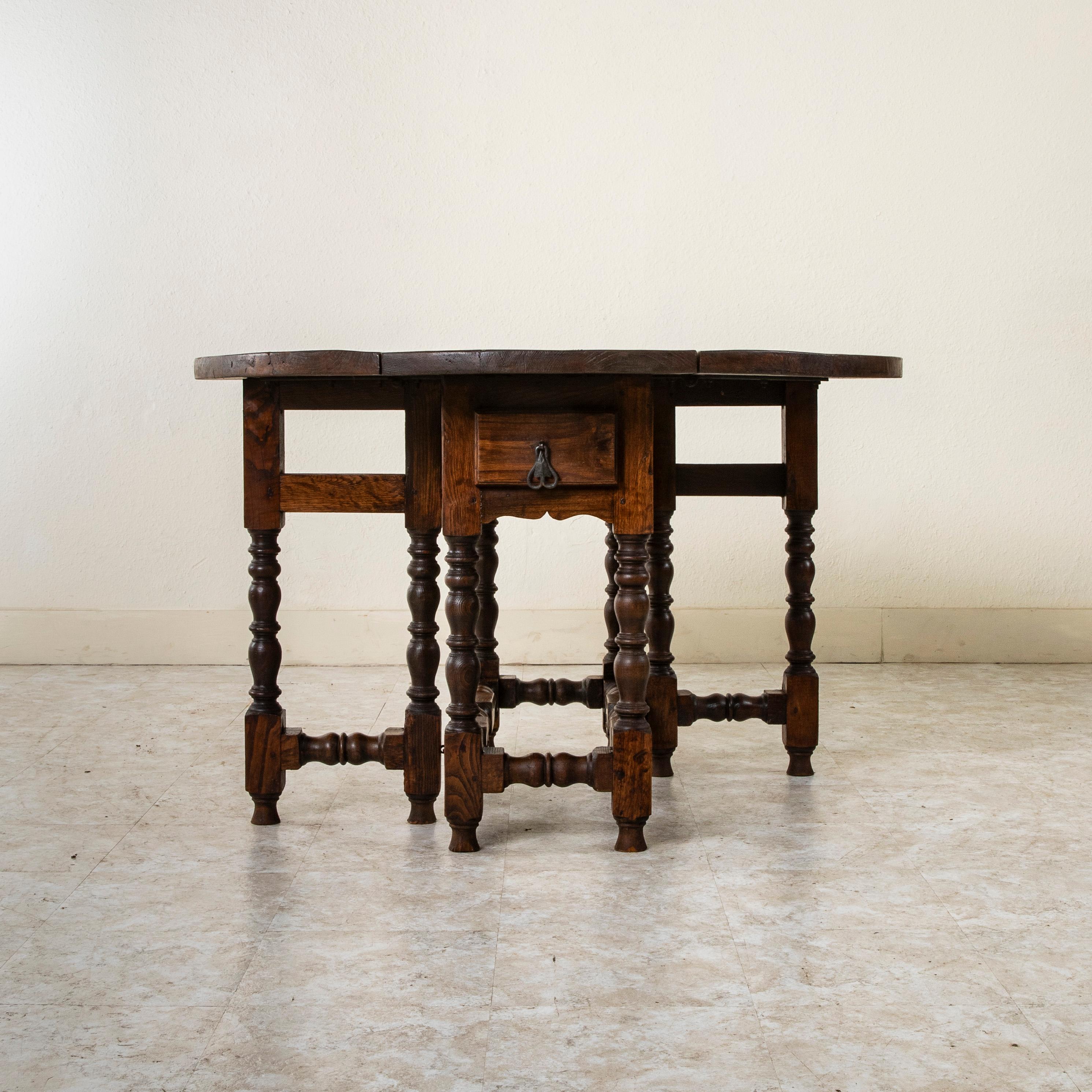 Large Late 19th Century French Oak Gateleg Table, Two Drawers, Hand Forged Iron 1