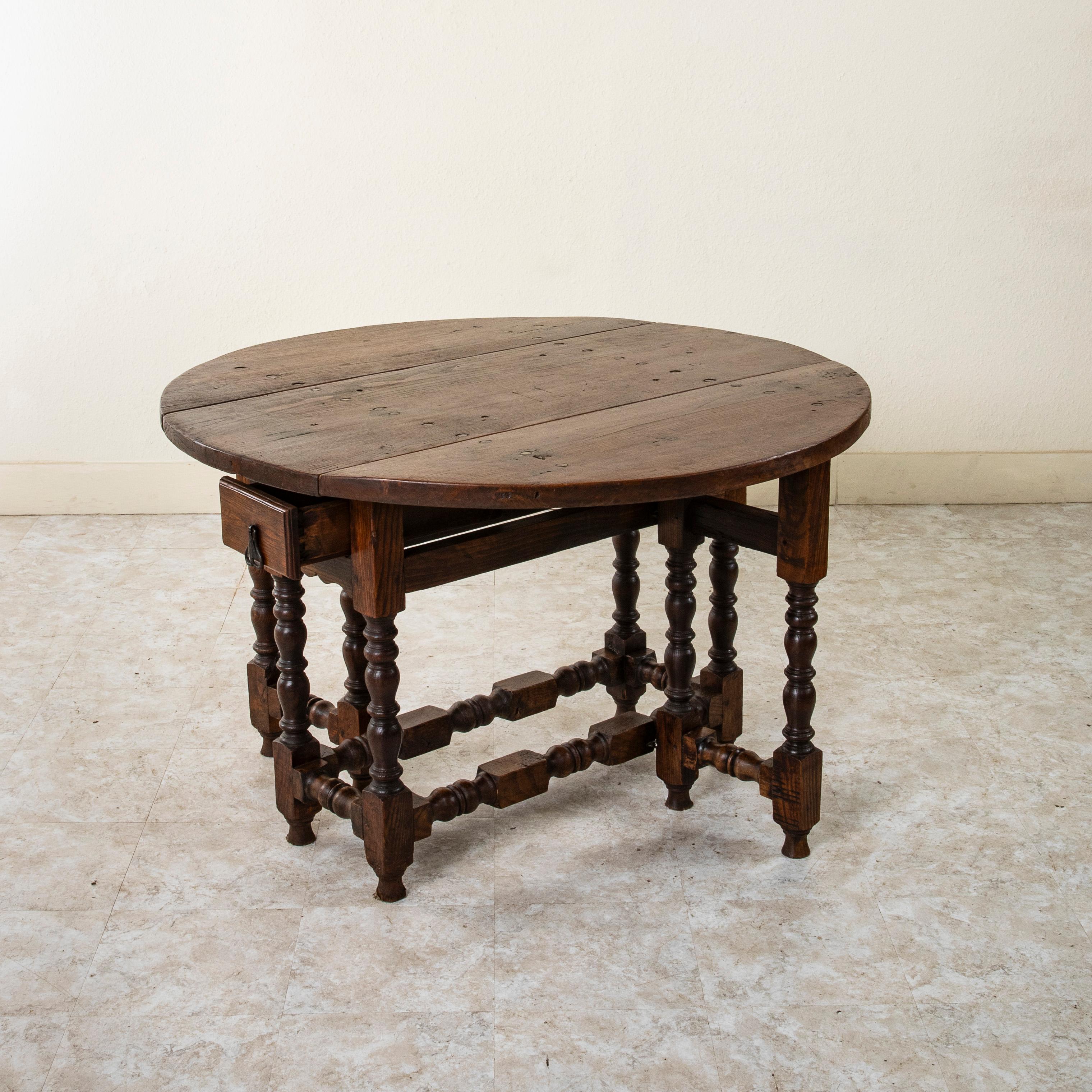 Large Late 19th Century French Oak Gateleg Table, Two Drawers, Hand Forged Iron 4