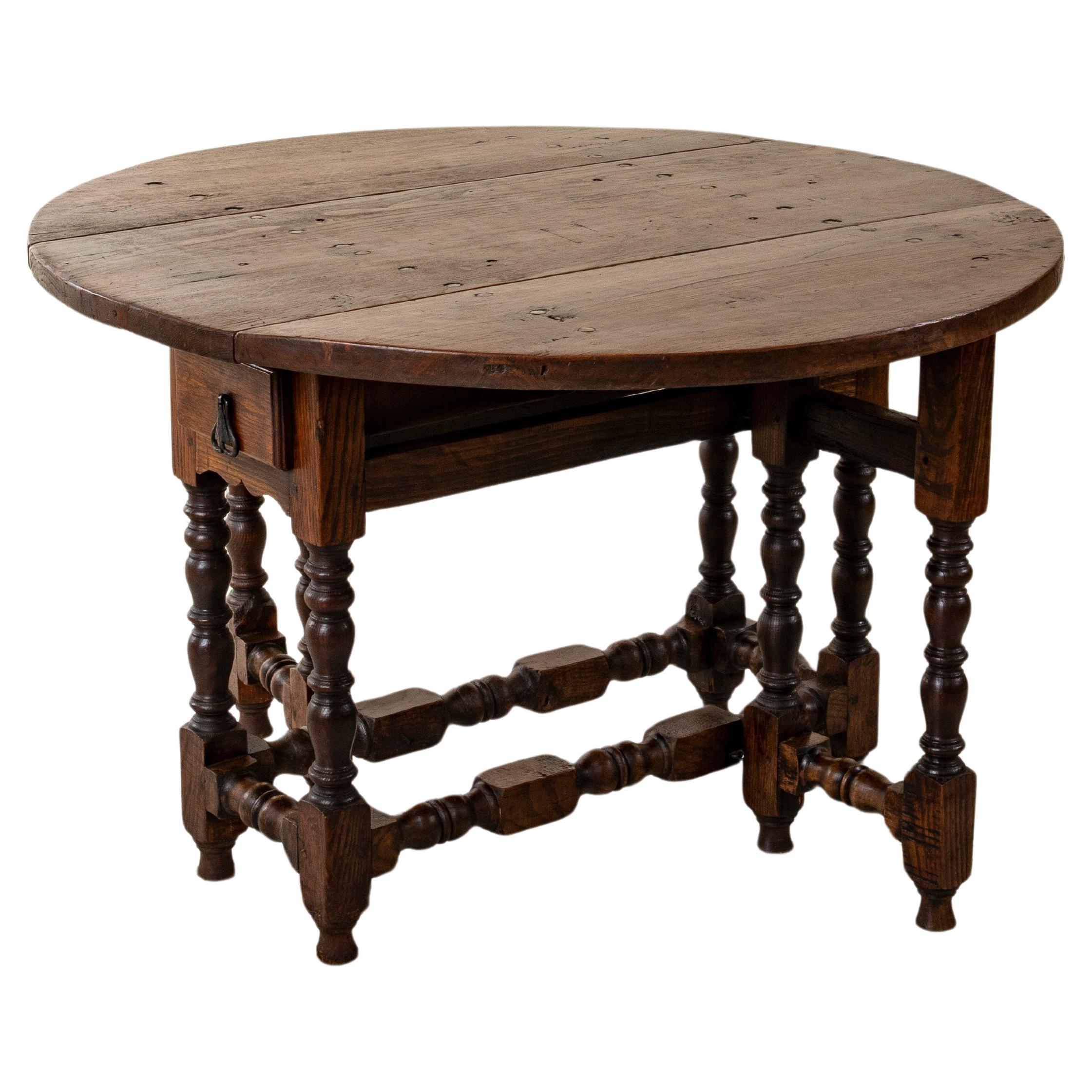 Large Late 19th Century French Oak Gateleg Table, Two Drawers, Hand Forged Iron