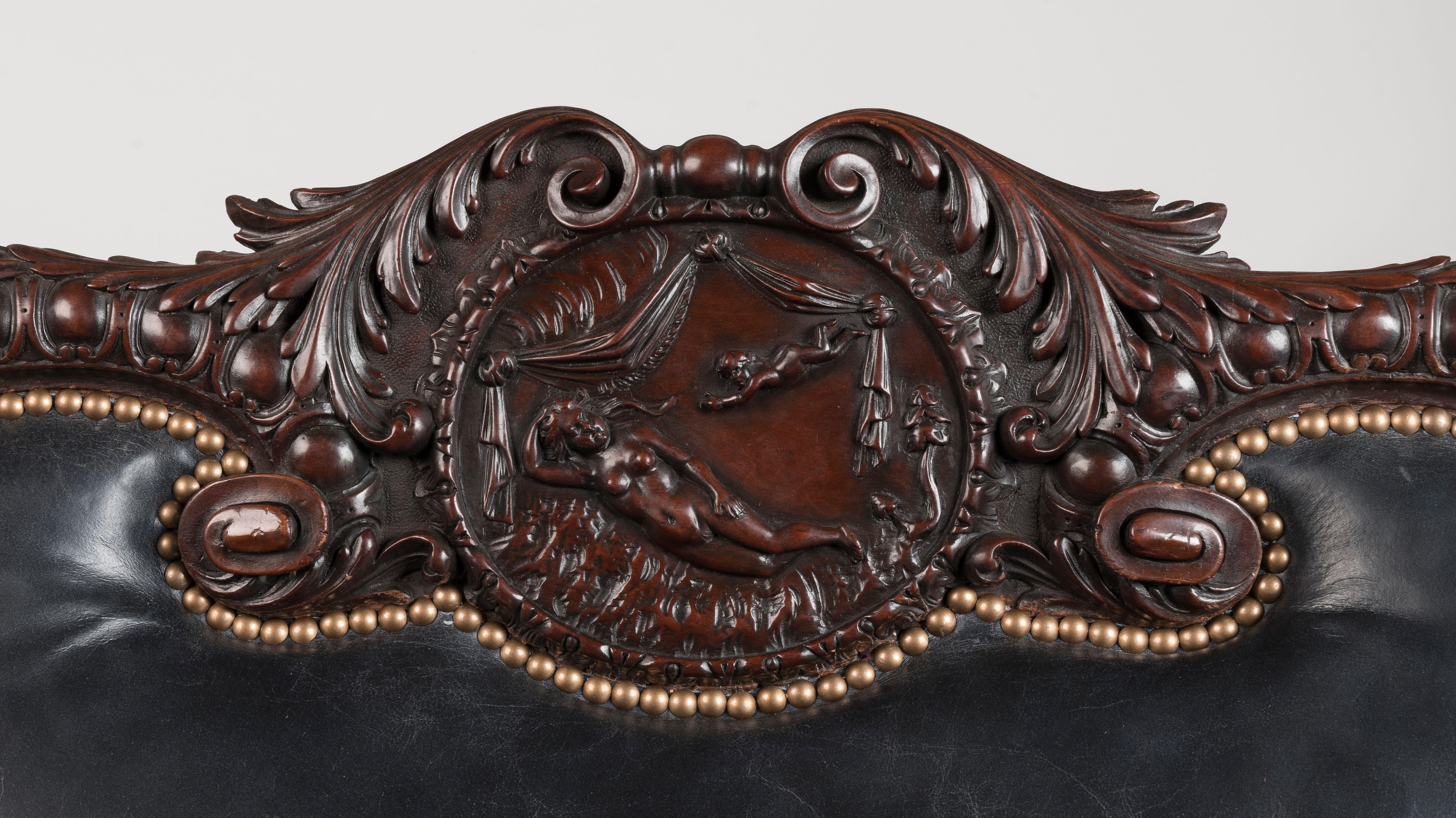 Large Late 19th Century Hand-Carved Mahogany Sofa with Leather and Velvet Fabric For Sale 3