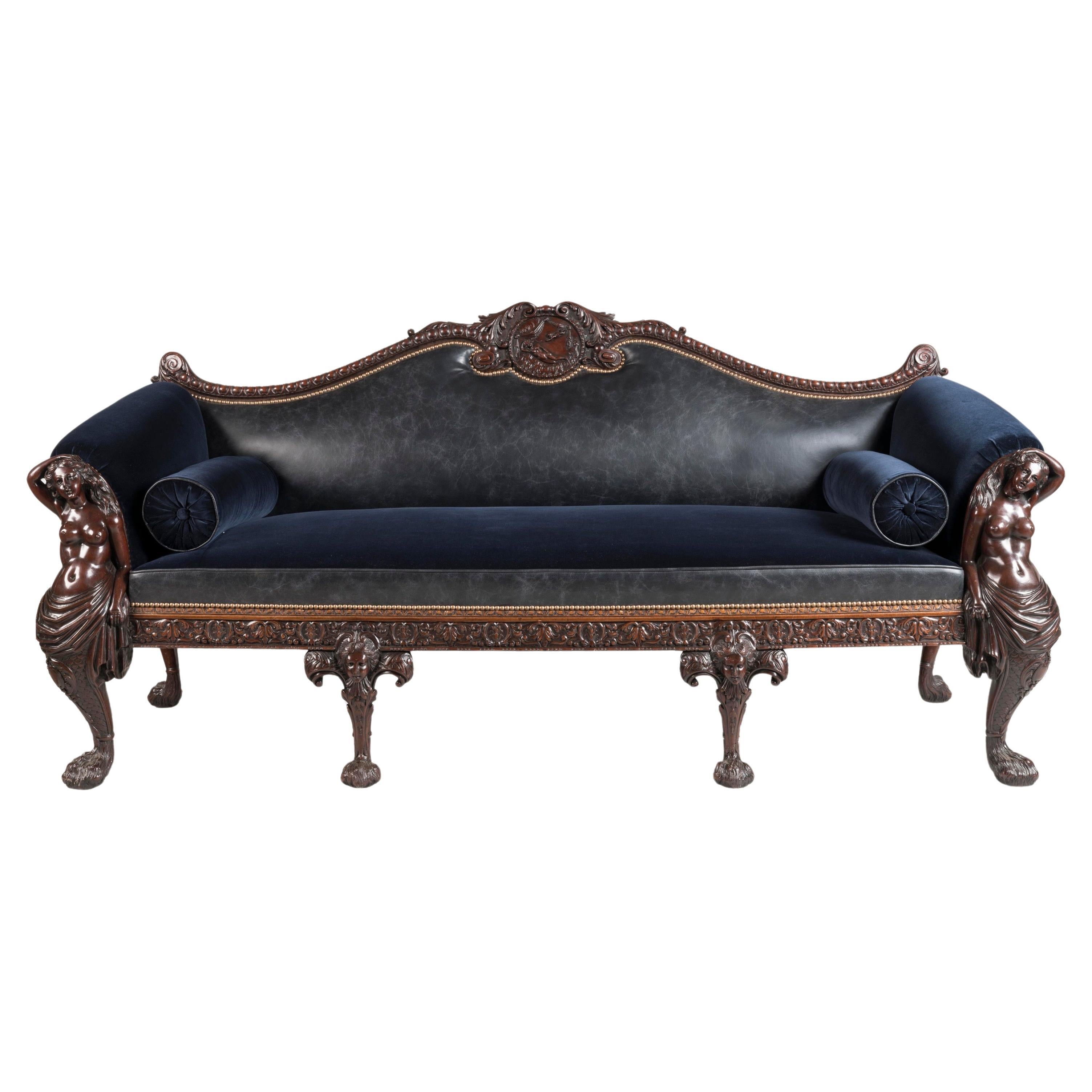 Large Late 19th Century Hand-Carved Mahogany Sofa with Leather and Velvet Fabric For Sale