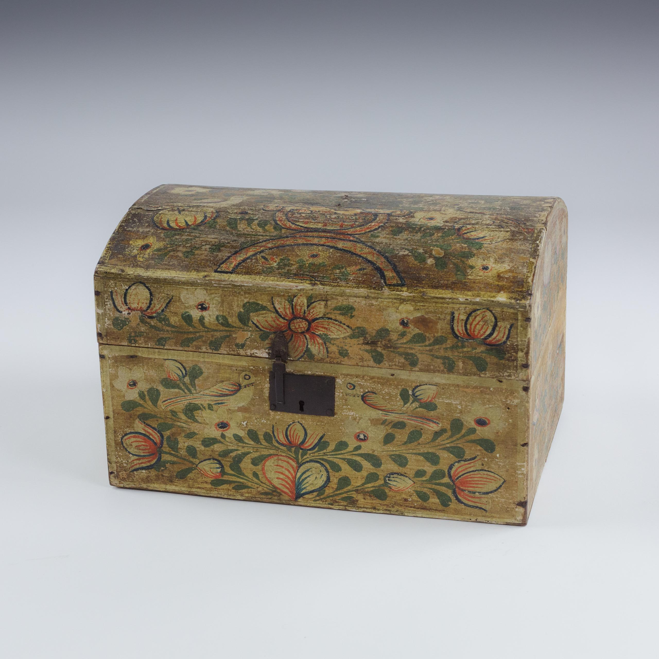 Normandy Marriage Chest France Early 19th Century. Painted Pine This painted pine Coffre de Mariage was traditionally given to a bride in Normandy to hold her precious items. Decorated with painted floral motifs often including hearts and birds as