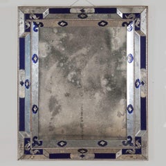 Large Late 19th Century Venetian Clear and Cobalt Blue Mirror