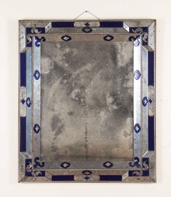 Large Late 19th Century Venetian Clear and Cobalt Blue Mirror