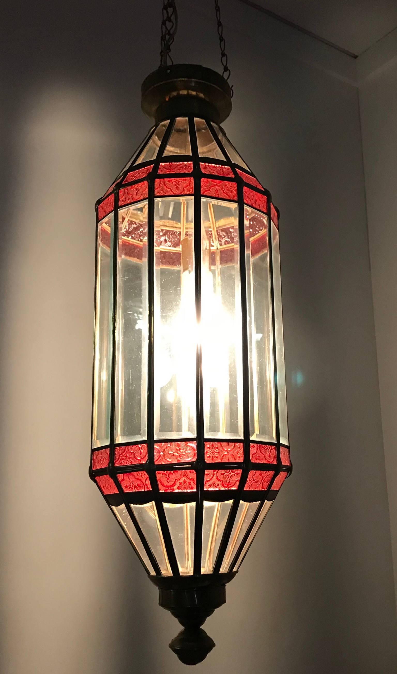 Large Late 20th Century Beveled Glass and Brass Framed Pendant / Lantern Lamp For Sale 5