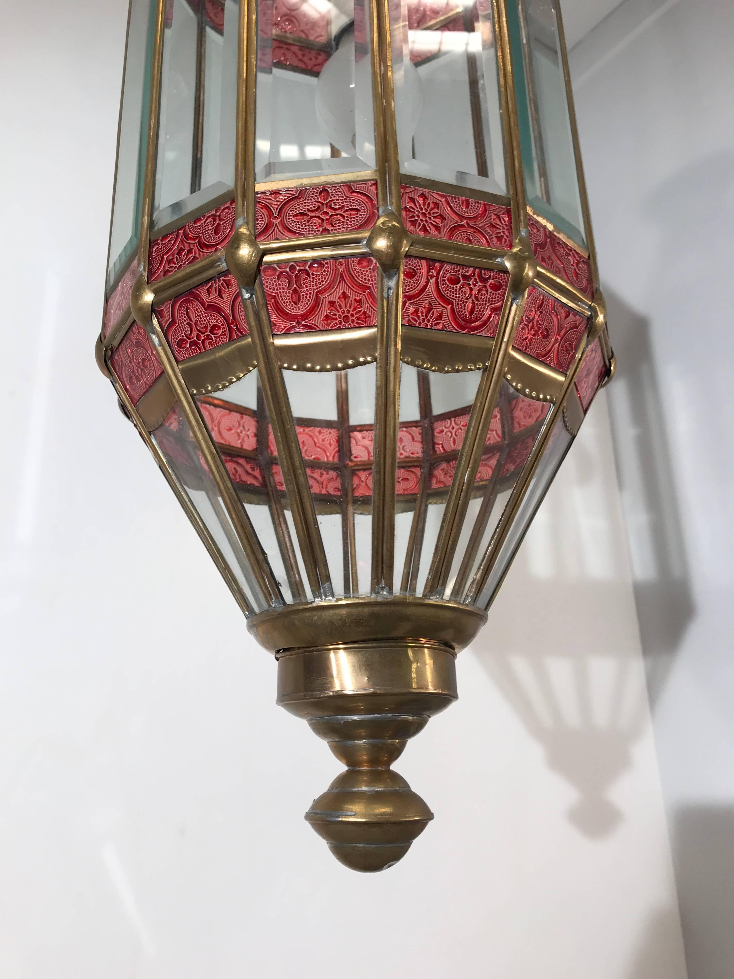 Large Late 20th Century Beveled Glass and Brass Framed Pendant / Lantern Lamp For Sale 7