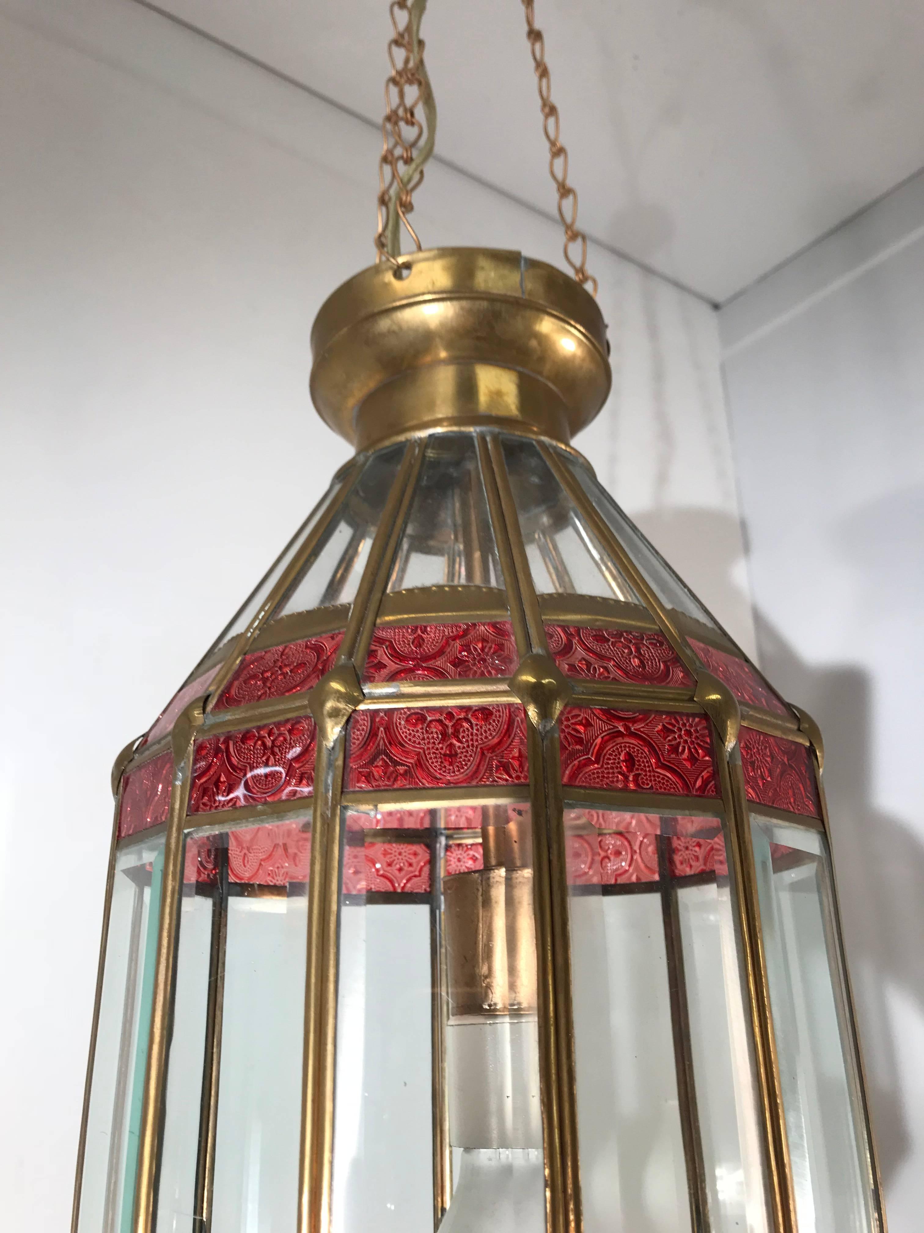 Large Late 20th Century Beveled Glass and Brass Framed Pendant / Lantern Lamp For Sale 9