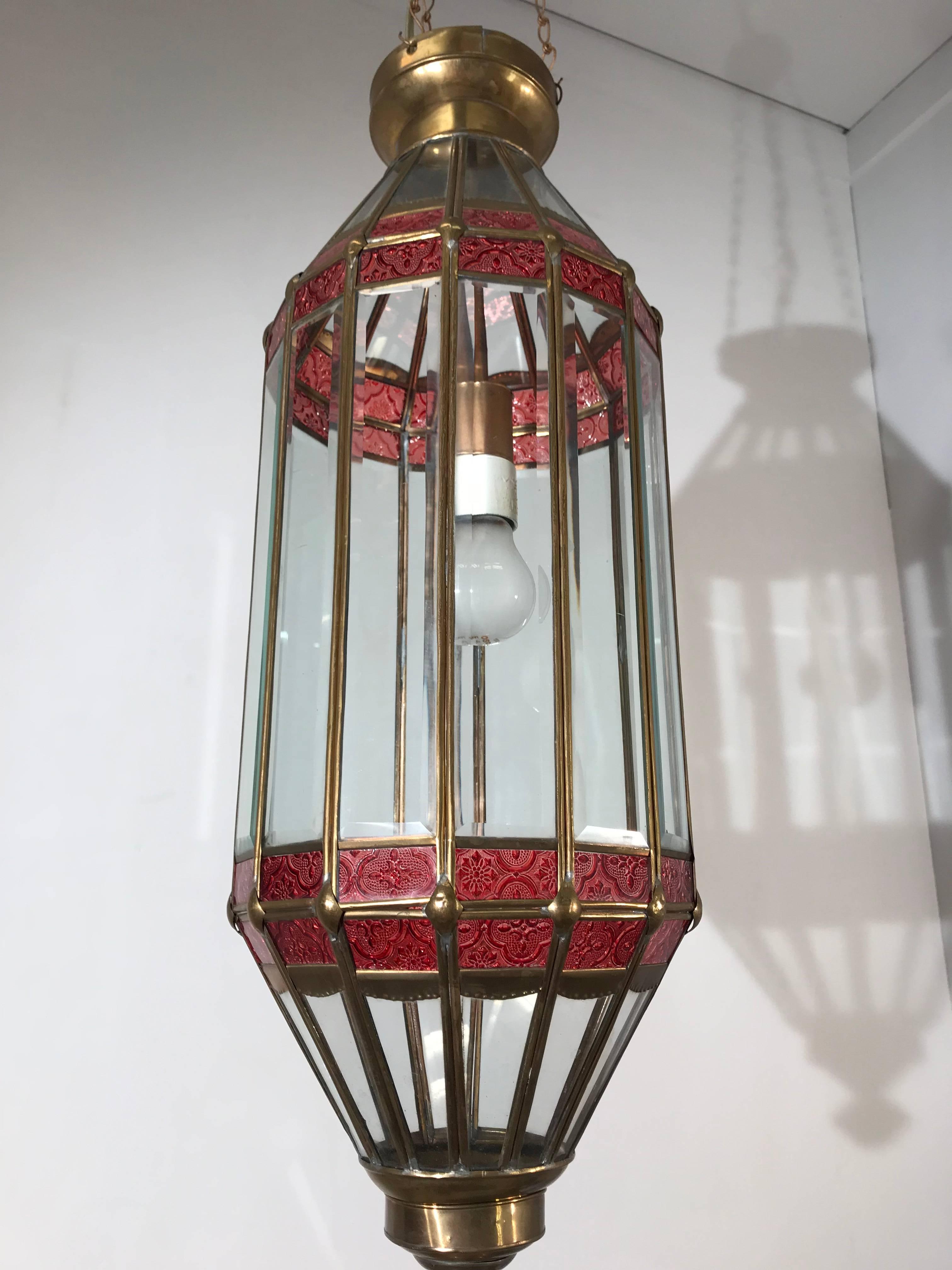Large Late 20th Century Beveled Glass and Brass Framed Pendant / Lantern Lamp For Sale 10