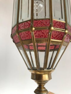 Large Late 20th Century Beveled Glass and Brass Framed Pendant / Lantern Lamp