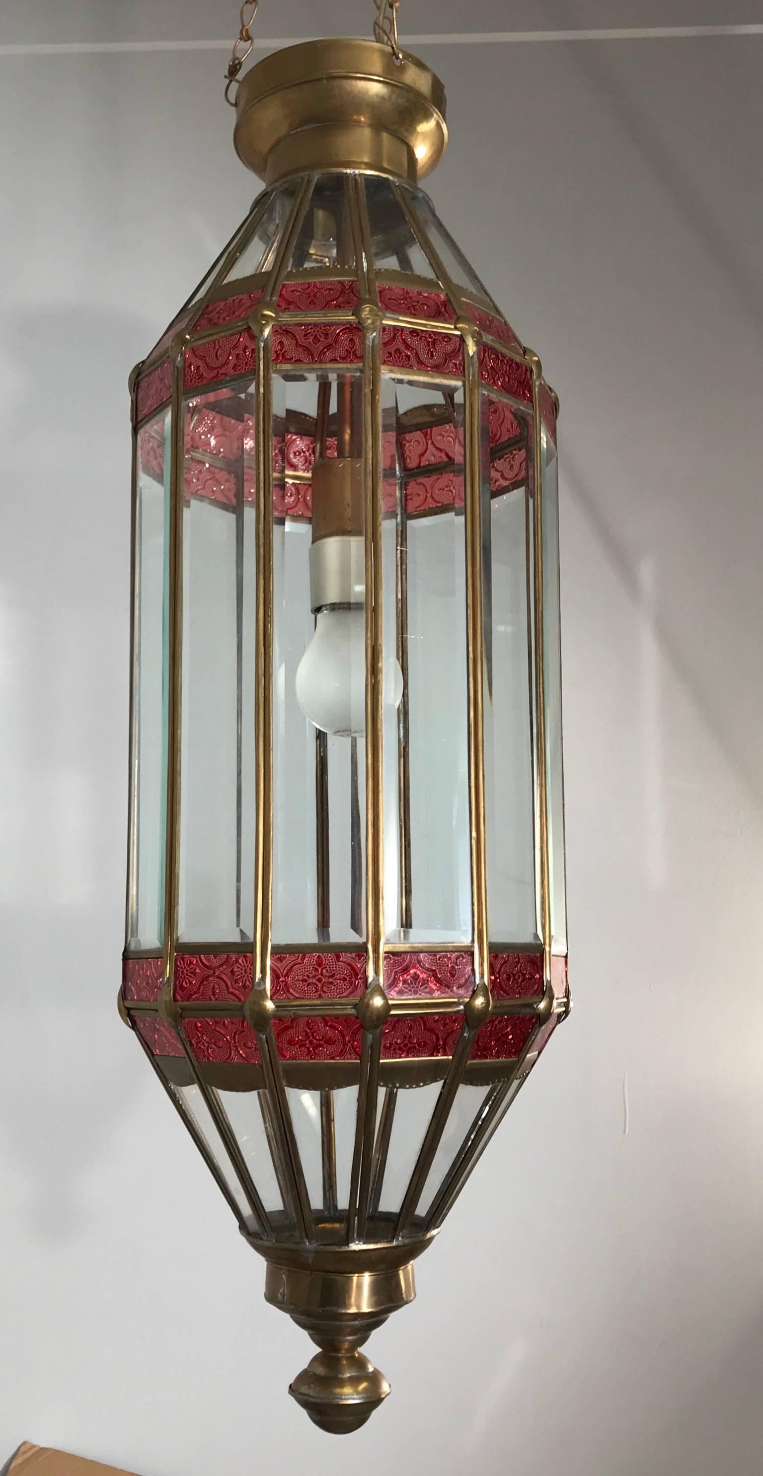 Large Late 20th Century Beveled Glass and Brass Framed Pendant / Lantern Lamp For Sale 12