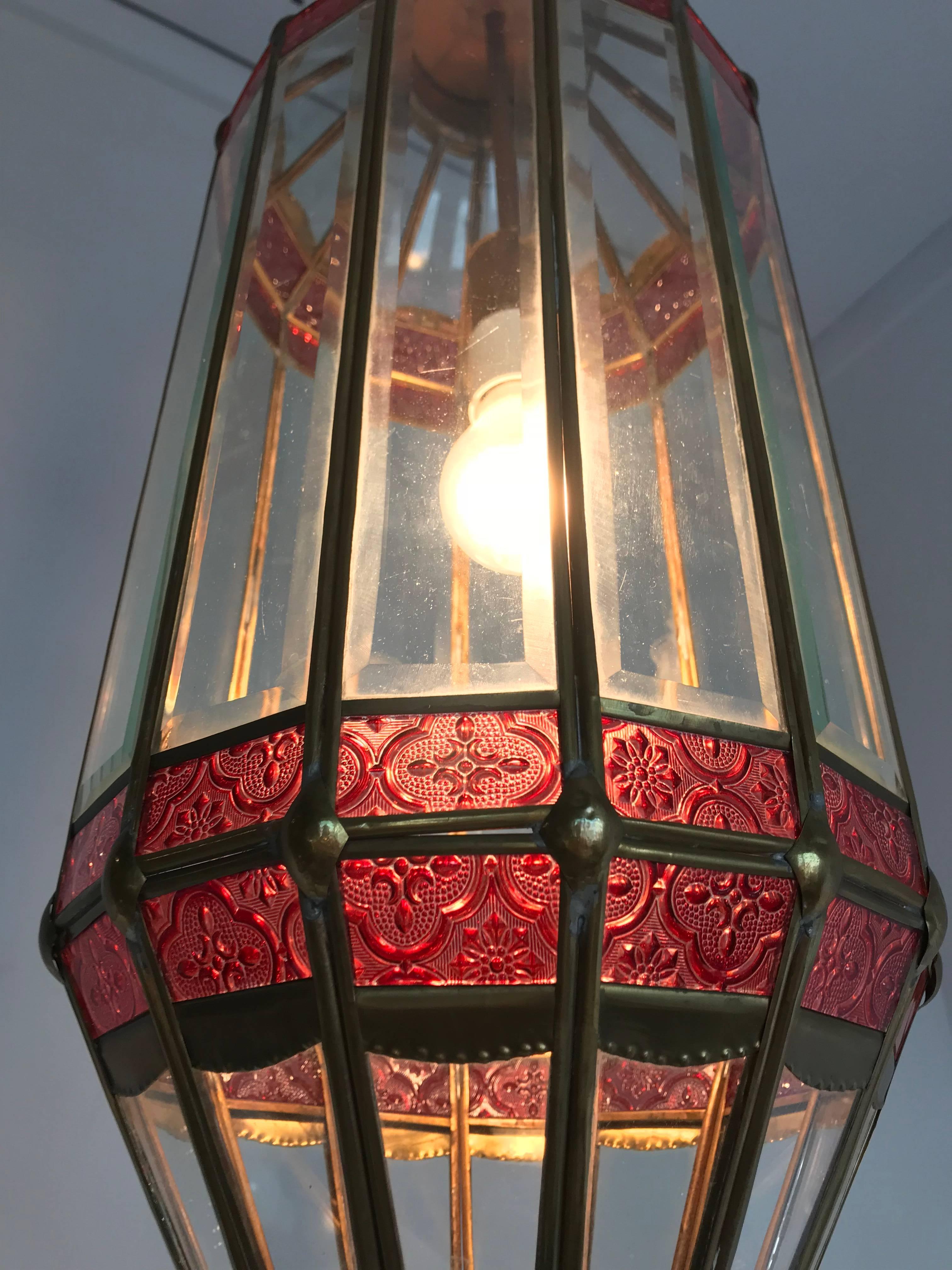 Unknown Large Late 20th Century Beveled Glass and Brass Framed Pendant / Lantern Lamp For Sale
