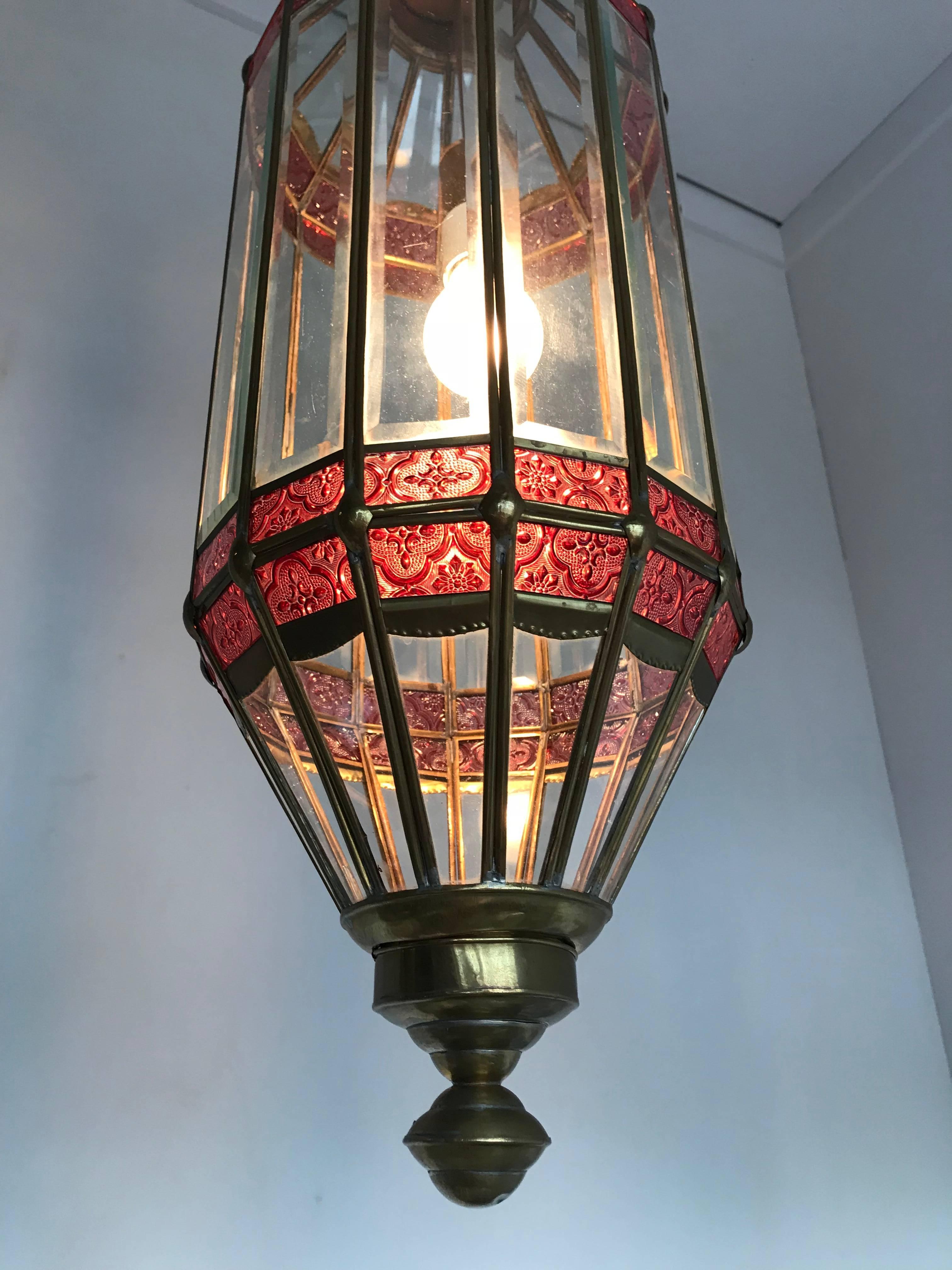 Etched Large Late 20th Century Beveled Glass and Brass Framed Pendant / Lantern Lamp For Sale