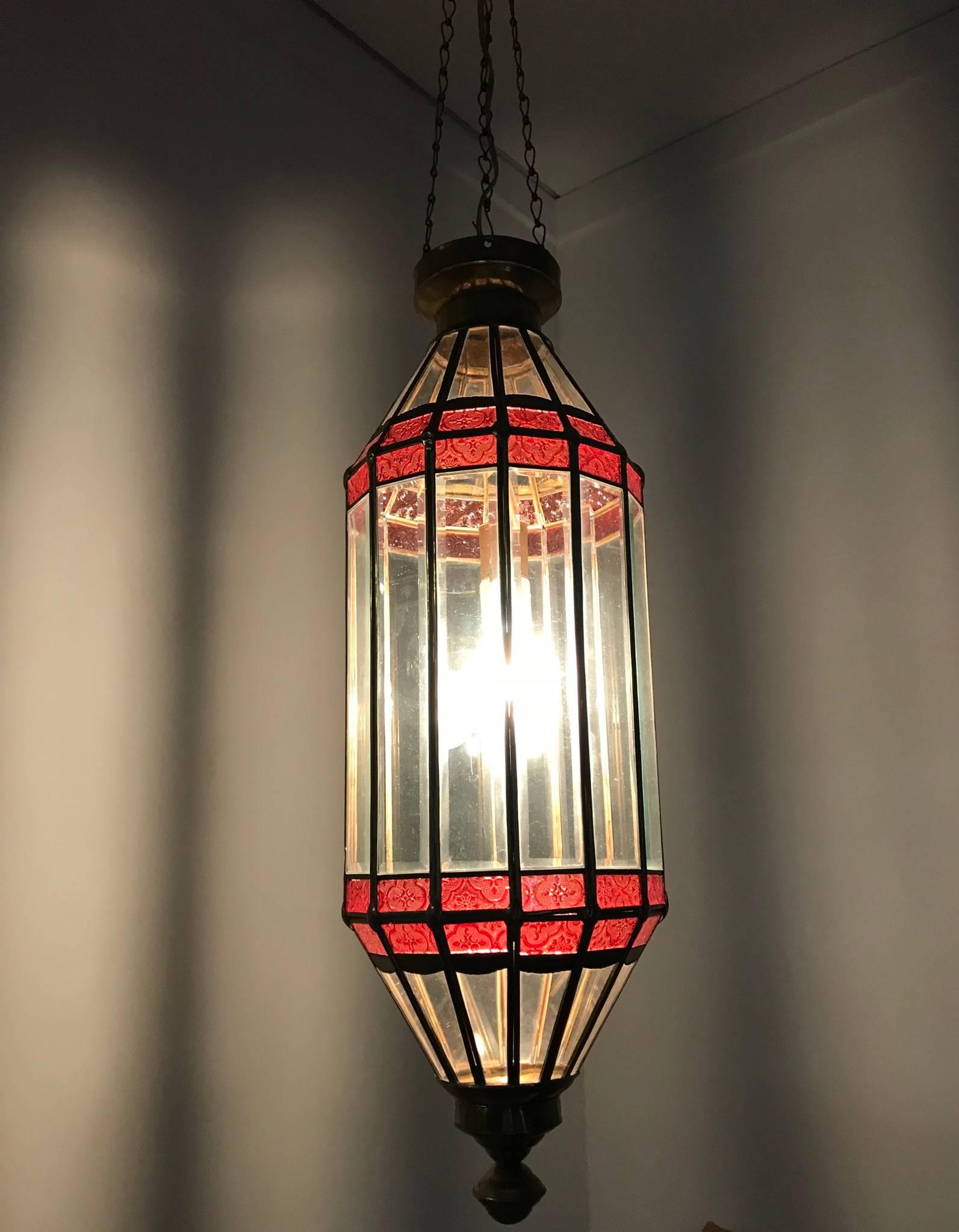 Large Late 20th Century Beveled Glass and Brass Framed Pendant / Lantern Lamp For Sale 1
