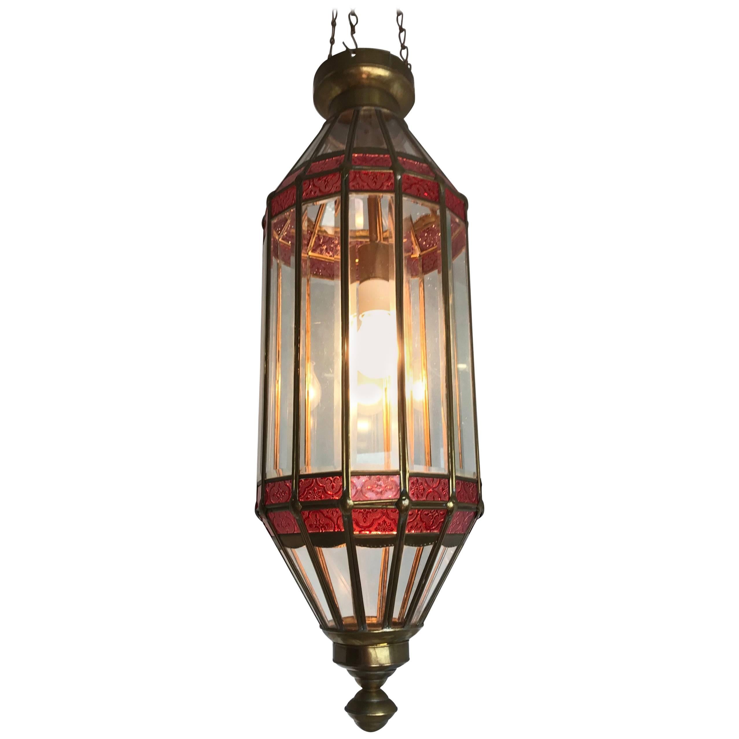 Large Late 20th Century Beveled Glass and Brass Framed Pendant / Lantern Lamp For Sale