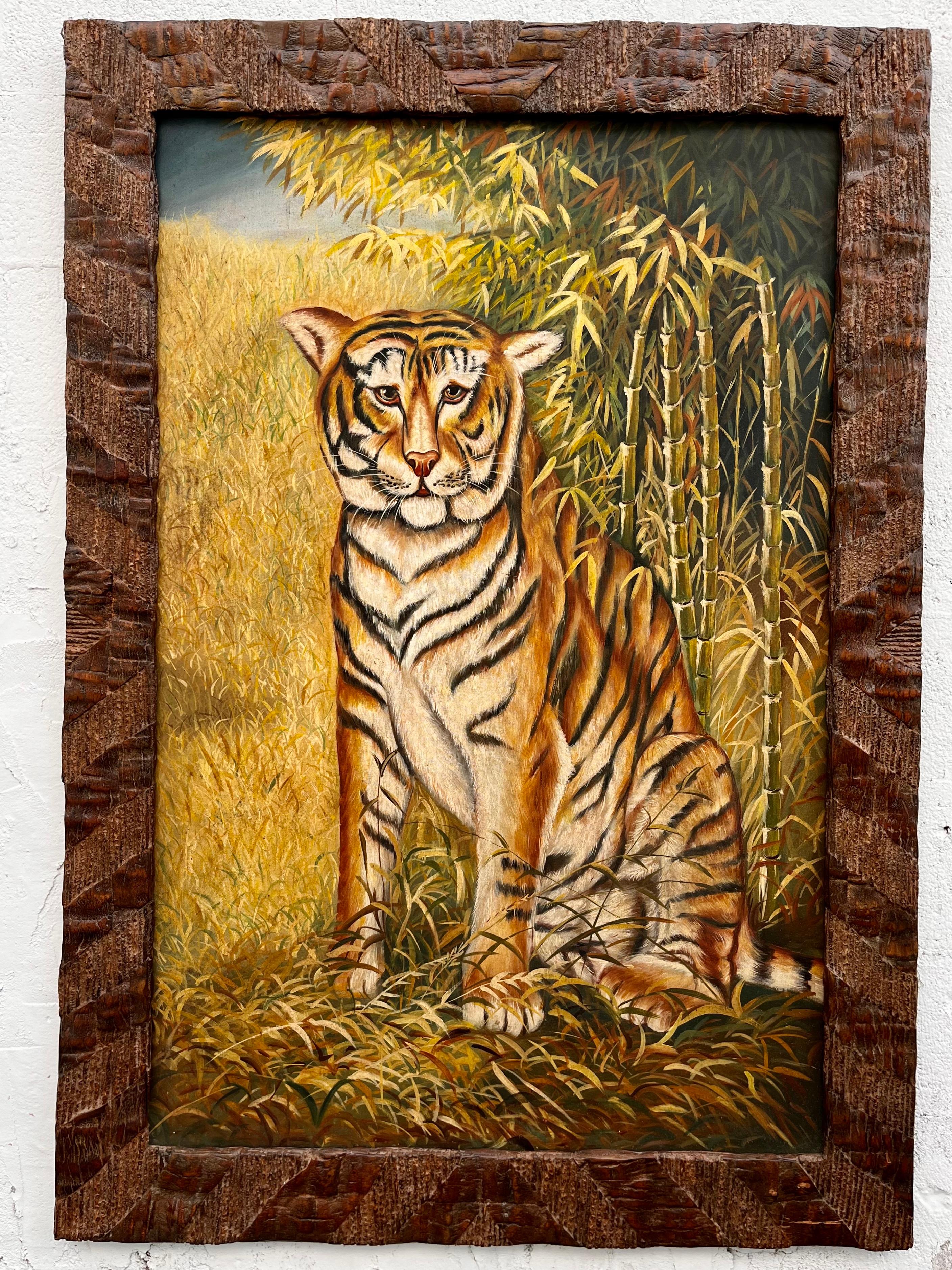 Large late 20th century Maitland-Smith framed wall painting. circa 1990s 
Features a Primitive art style hand painted image of a Tigre with a tropical foliage background. Framed with a beautiful rustic solid wood framed.
In excellent original