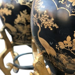 Large Late 20th Century Pair of Japanese Style Urns on Stand