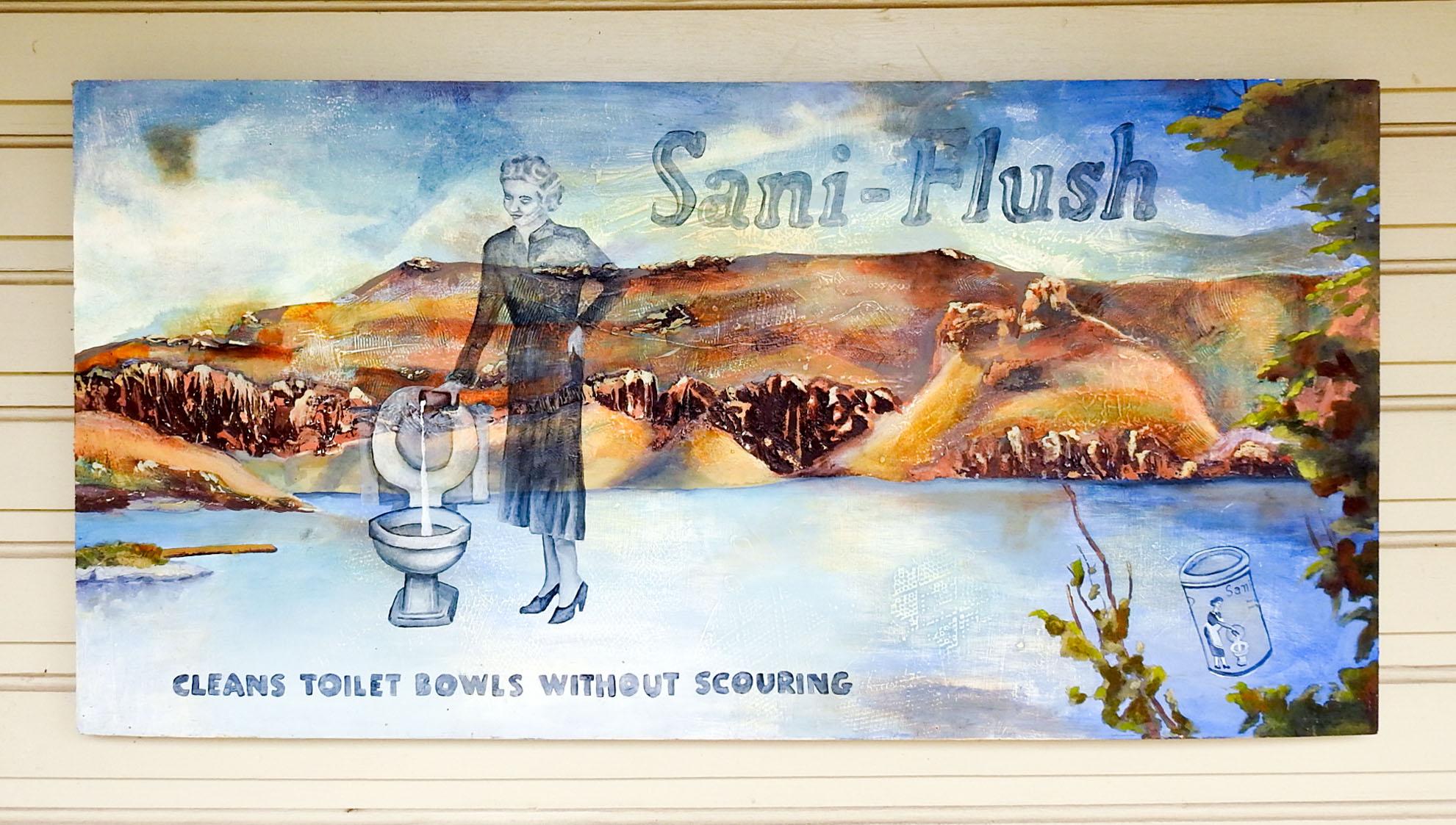 Vintage late 20th century oil on wood panel painting.  Woman, toilet, lake, mountains and Sani-Flush environmental protest statement painting.  Unsigned.  Unframed,  wood panel with 1