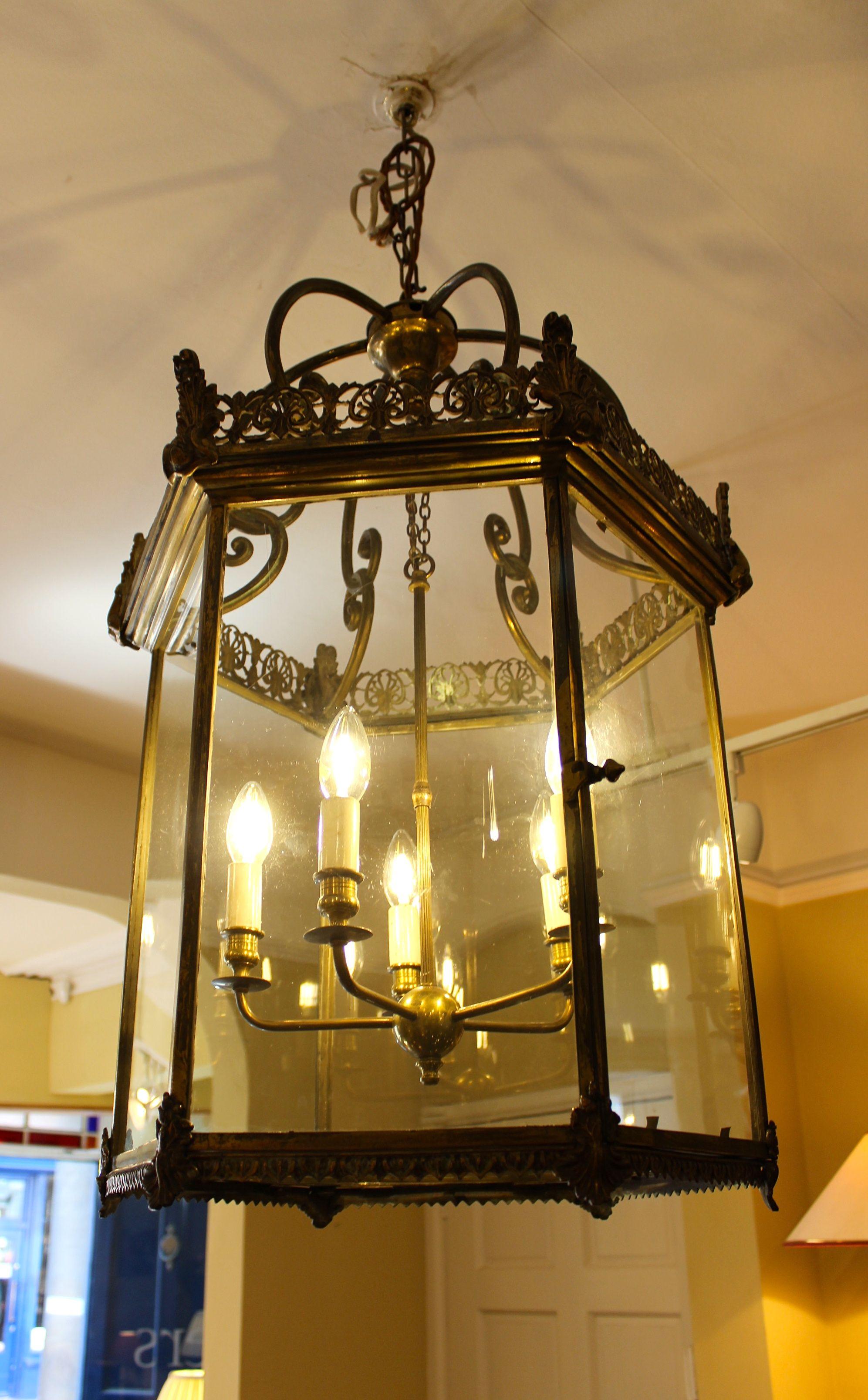 Large Late Georgian Brass Lantern
With good castings, six glass side 
Panels including door, five branch
Candelabra & later conversion
To electric

