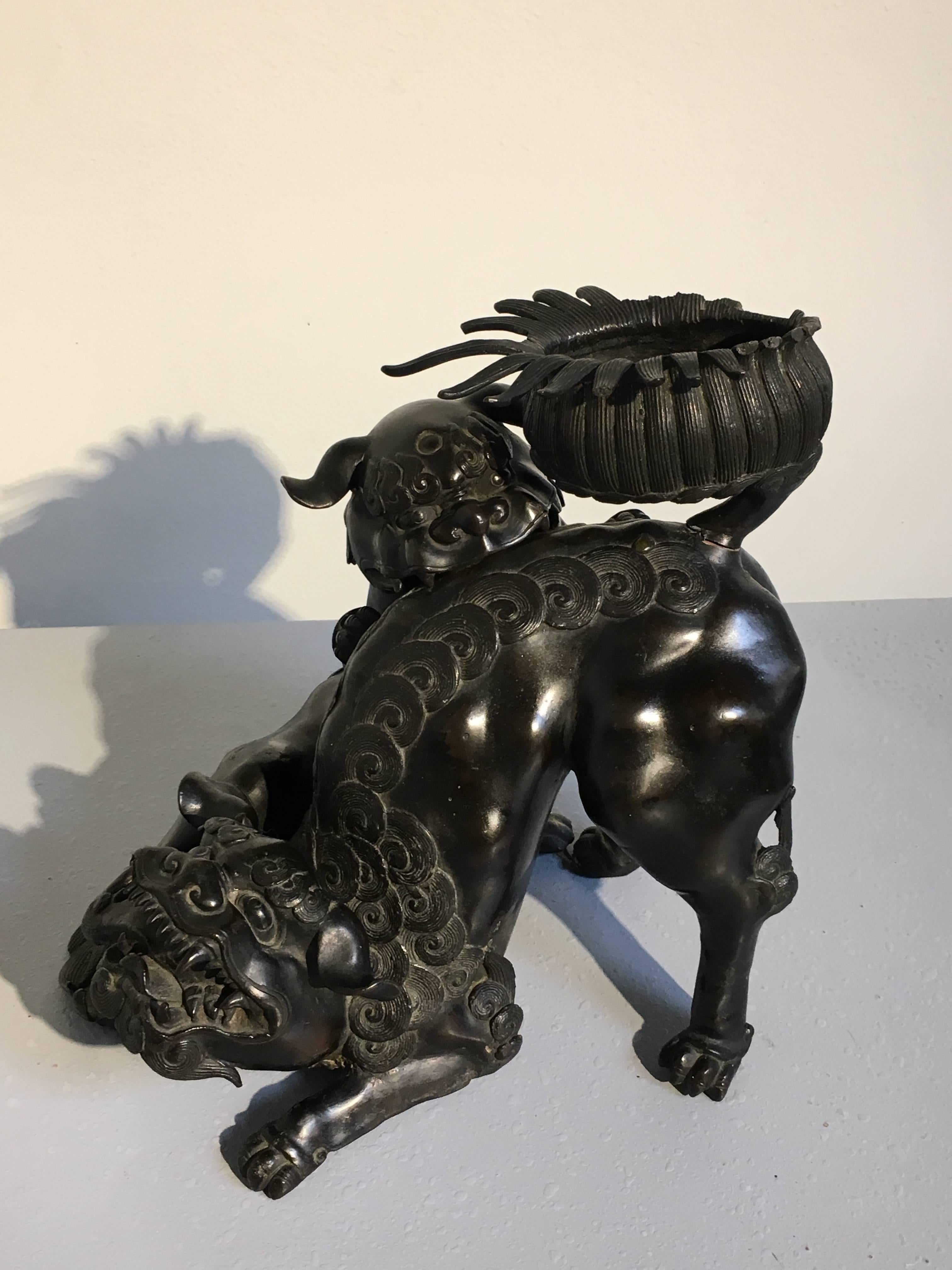 Großes und kraftvoll gegossenes chinesisches Bronzegefäß in Form von zwei buddhistischen Löwen, Qing-Dynastie, Ende 19. Das Räuchergefäß ist gut gegossen und zeigt ein Paar wilder buddhistischer Löwen, die sich spielerisch bekämpfen. In einem