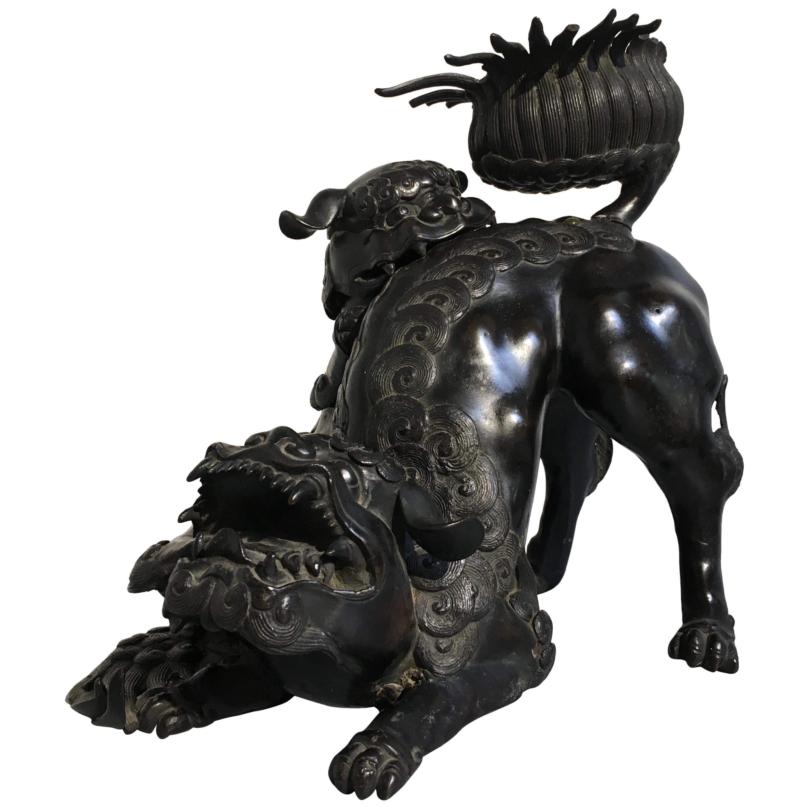 Large Late Qing Dynasty Chinese Cast Bronze Buddhistic Foo Lion Censer For Sale