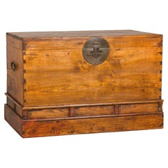 Large Late Qing Dynasty Elm Blanket Chest with Brass Hardware and Warm Patina