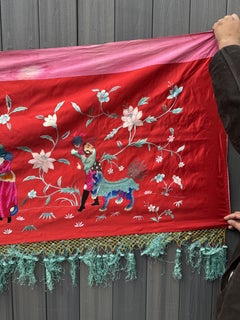 Large Late Qing Dynasty Silk Embroidery on Red Satin Textile