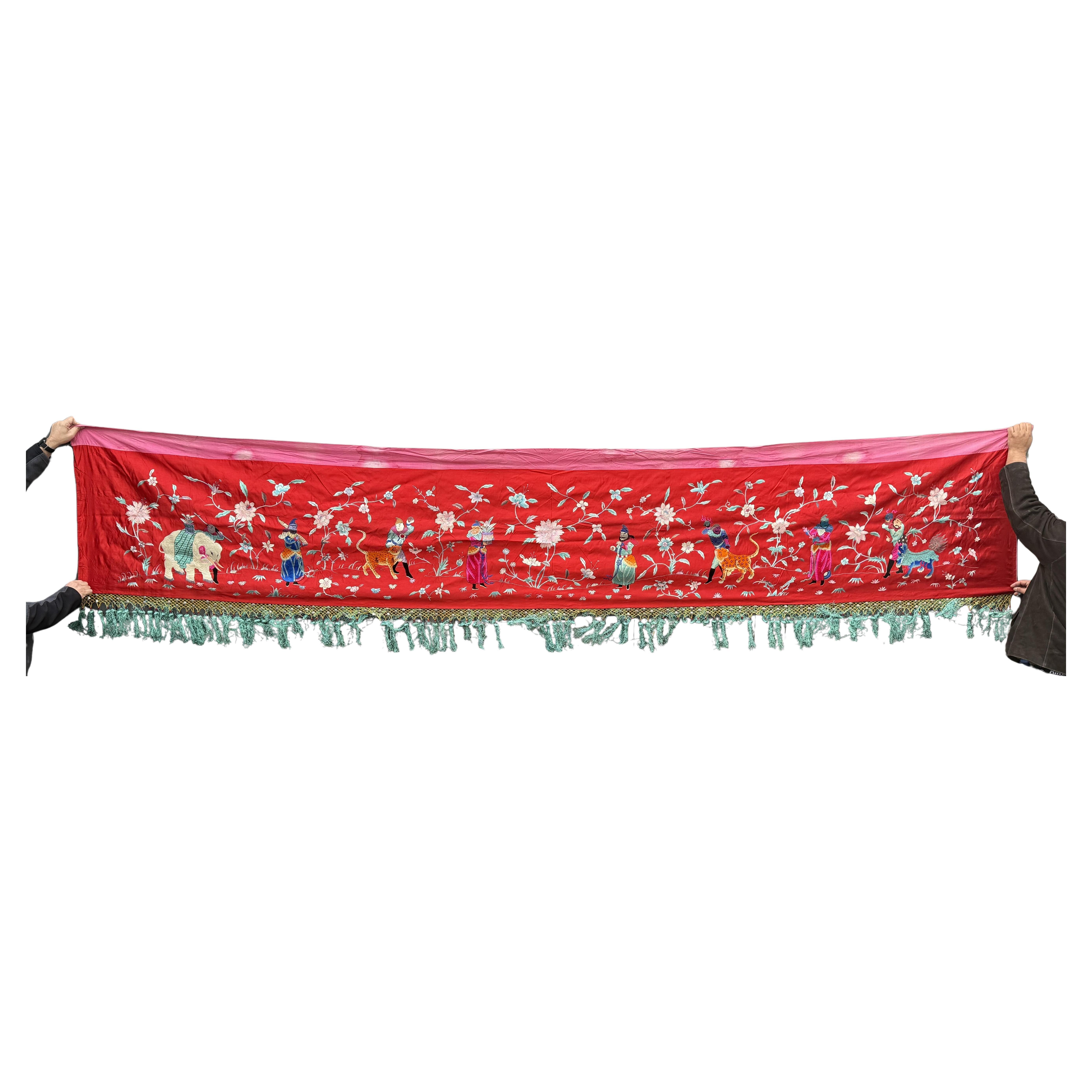 Large Late Qing Dynasty Silk Embroidery on Red Satin Textile