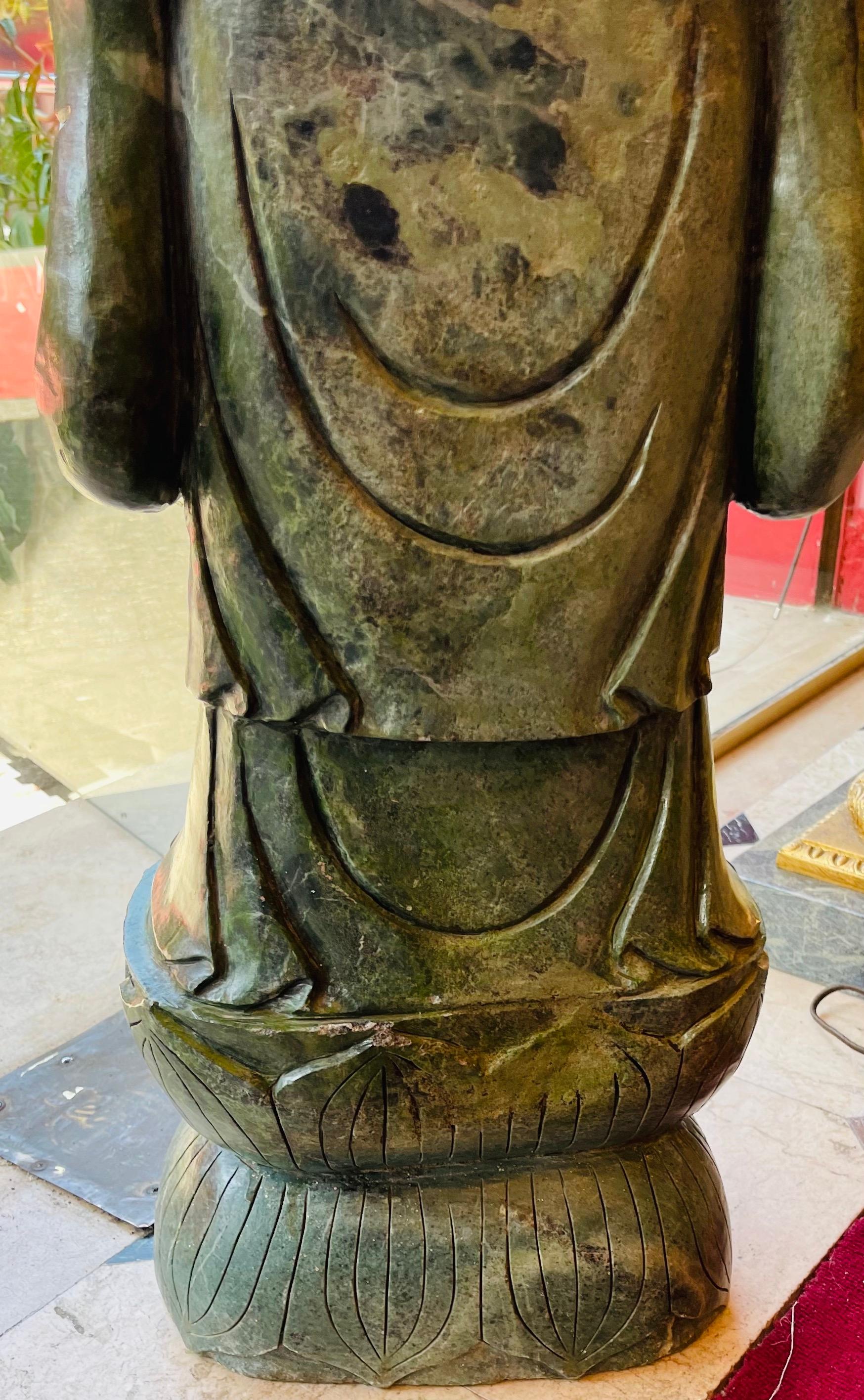 Chinoiserie Large Laughing Buddha Statue - Green Hard Stone - China - Period: Art Nouveau For Sale