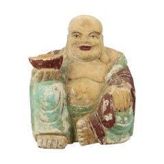 Large Laughing Buddha XL Wooden Polychrome Sculpture 47cm