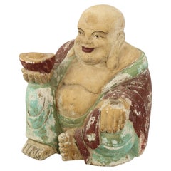 Large Laughing Buddha XL Wooden Polychrome Sculpture 47cm