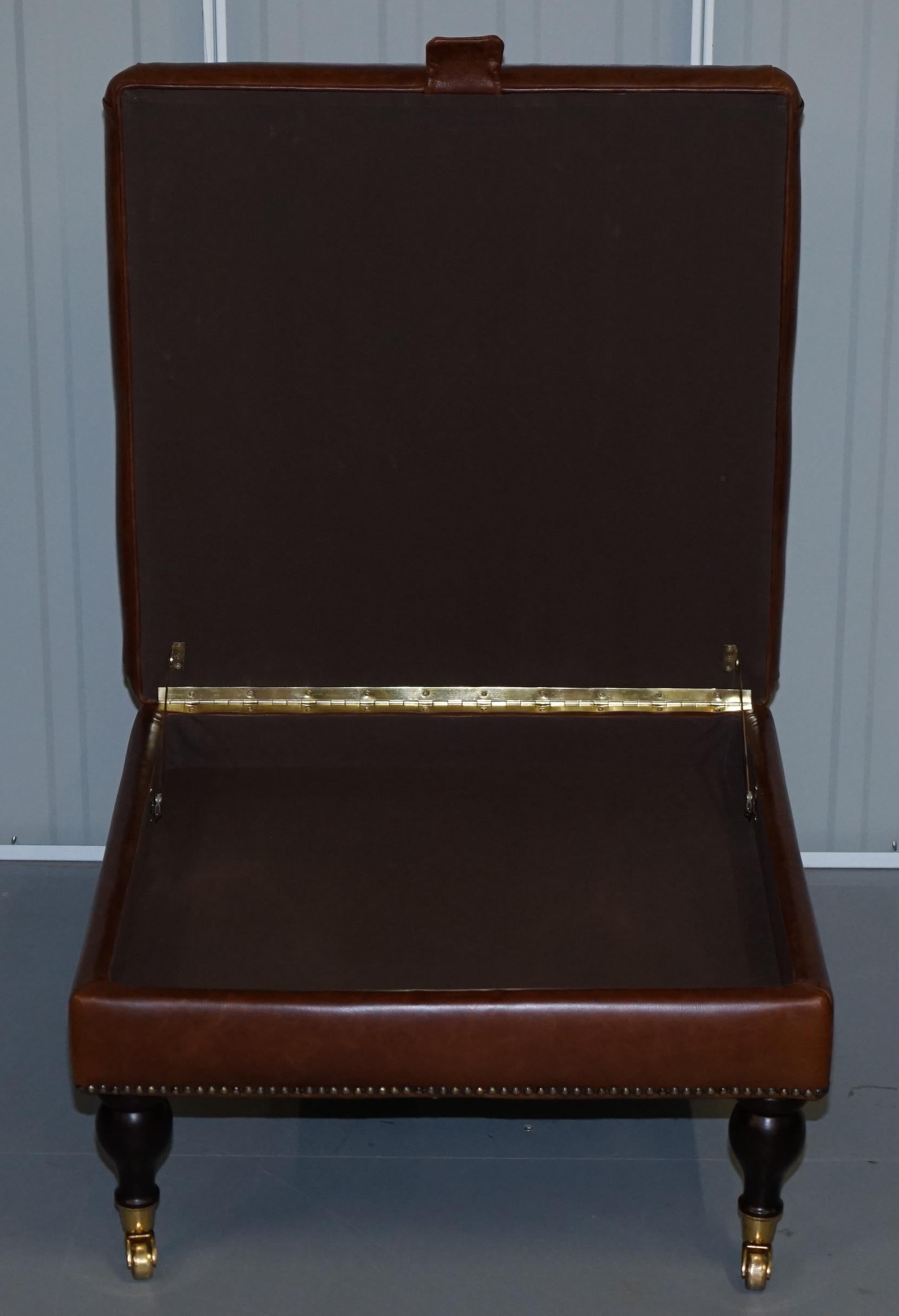 English Large Laura Ashley Elliot Heritage Brown Leather Footstool Internal Storage