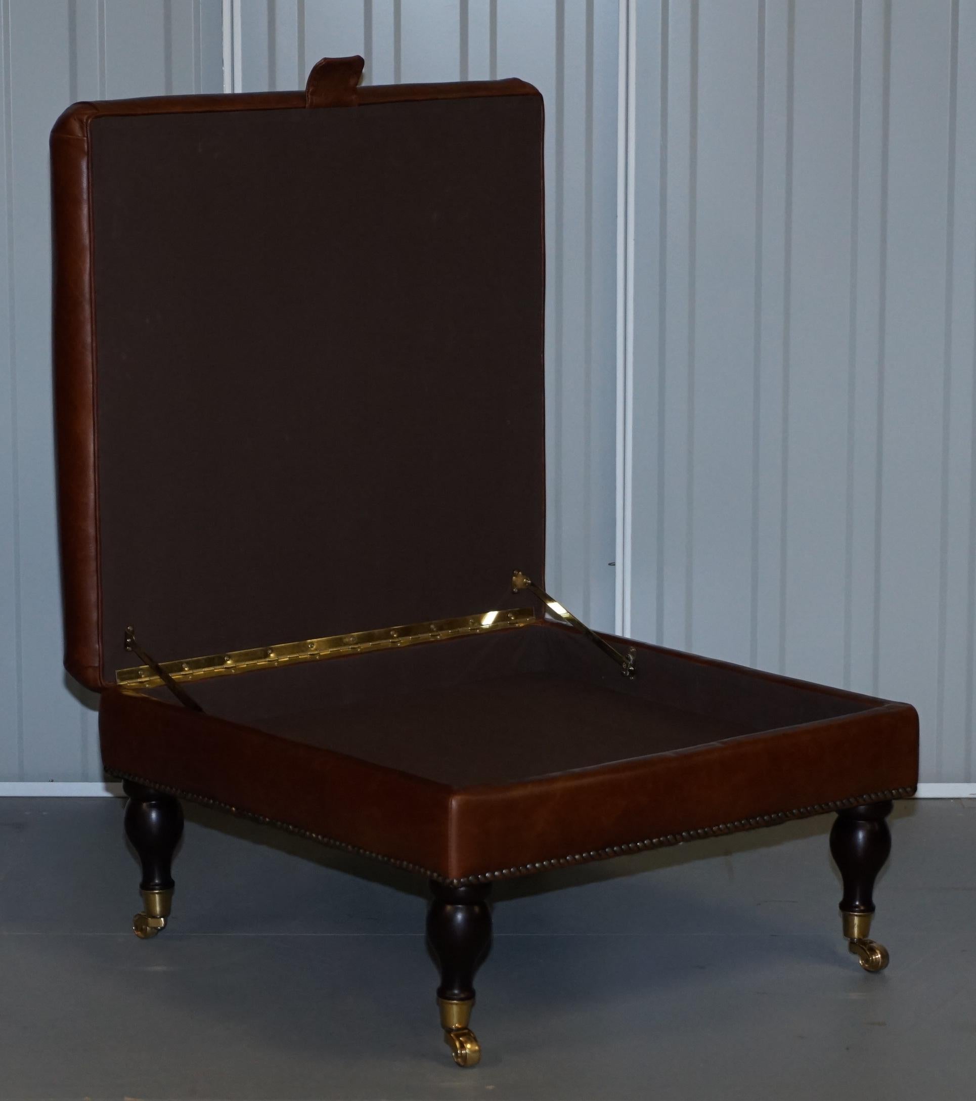 Large Laura Ashley Elliot Heritage Brown Leather Footstool Internal Storage In Fair Condition In West Sussex, Pulborough