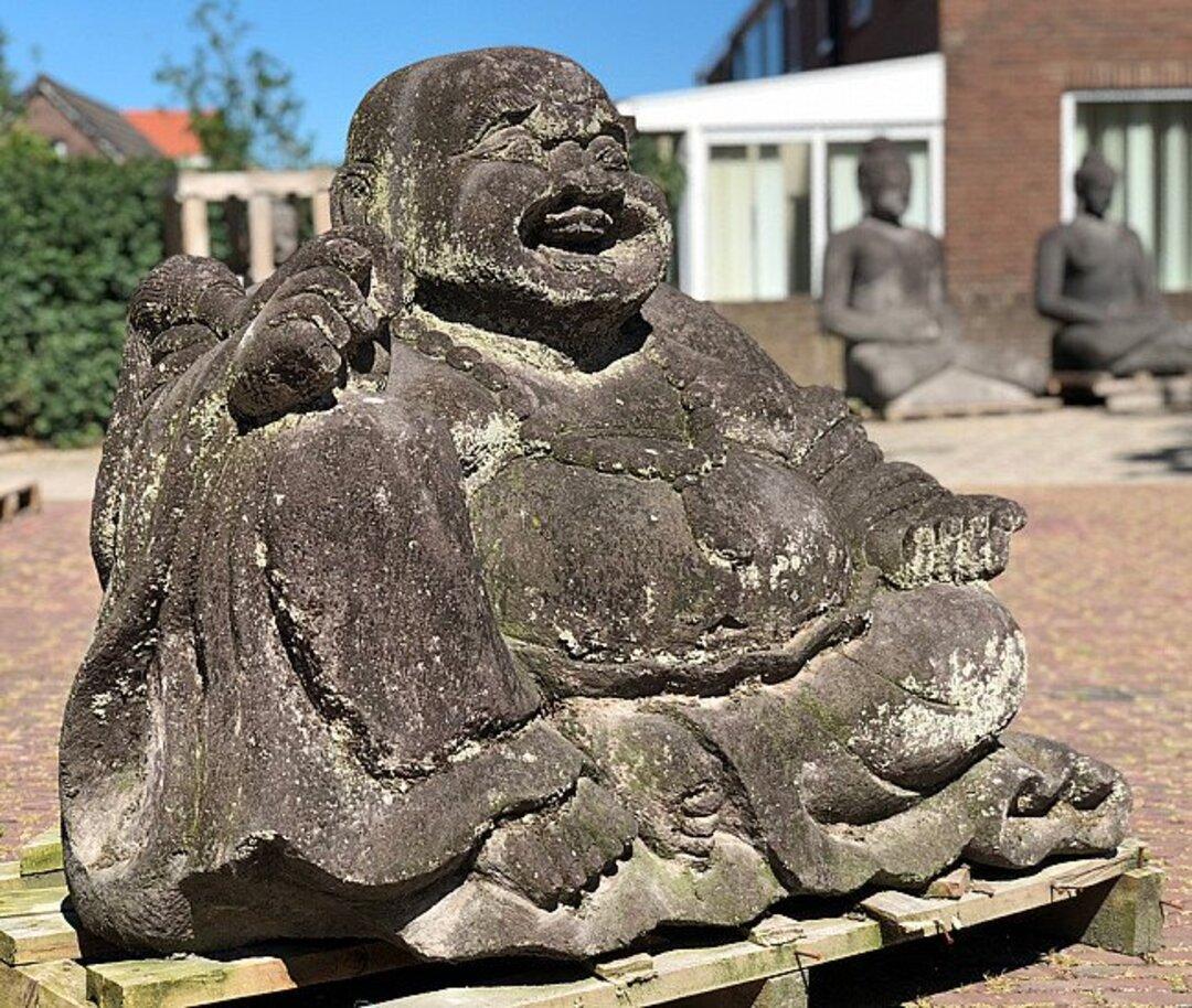 Indonesian Large Lava Stone Happy Buddha Statue from Indonesia Original Buddhas For Sale
