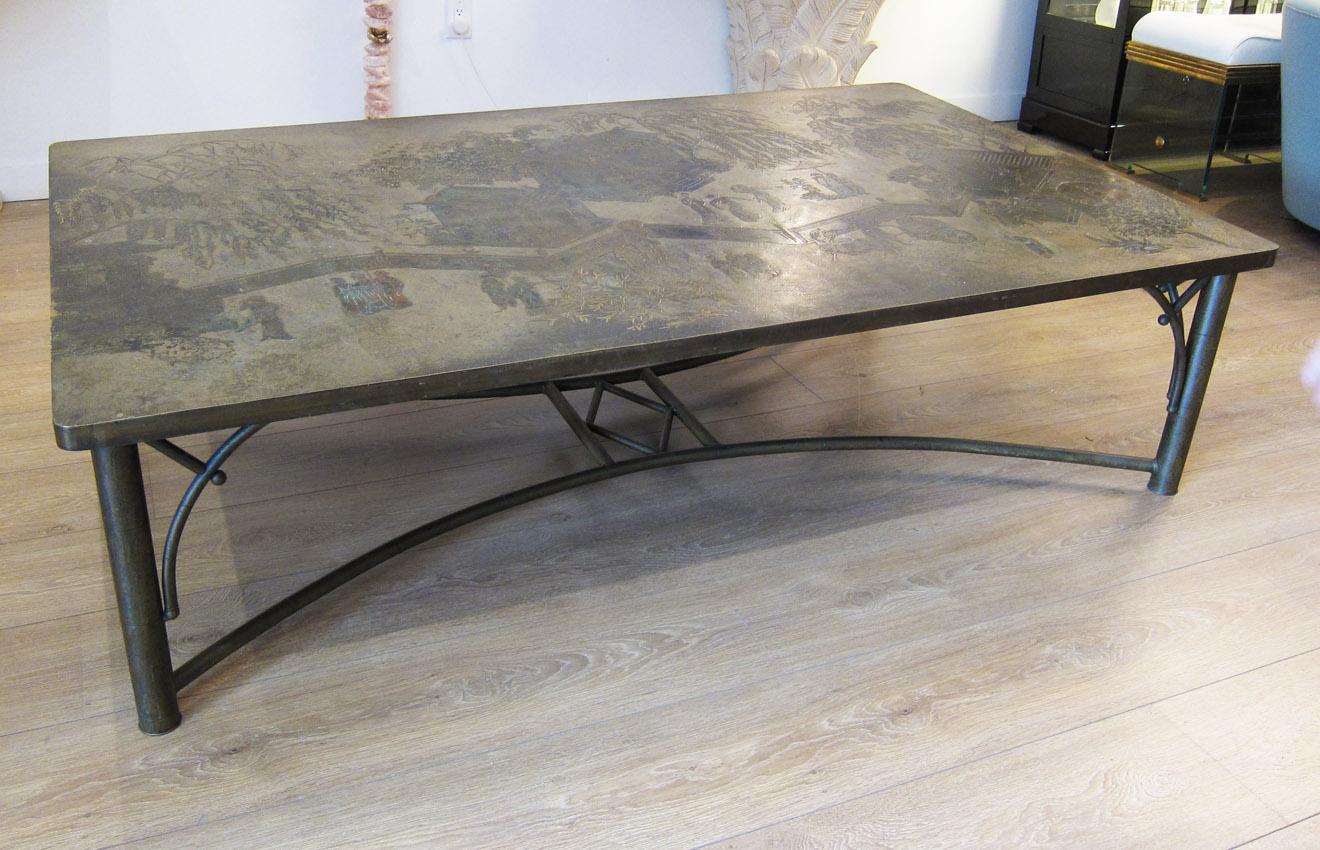Large and rare, rectangular coffee table, Tao model by Kelvin and Philip Laverne. Acid etched bronze, pewter and enameled top depicting a chinoiserie scene. Faux bamboo tubular metal legs and stretcher. Signed.