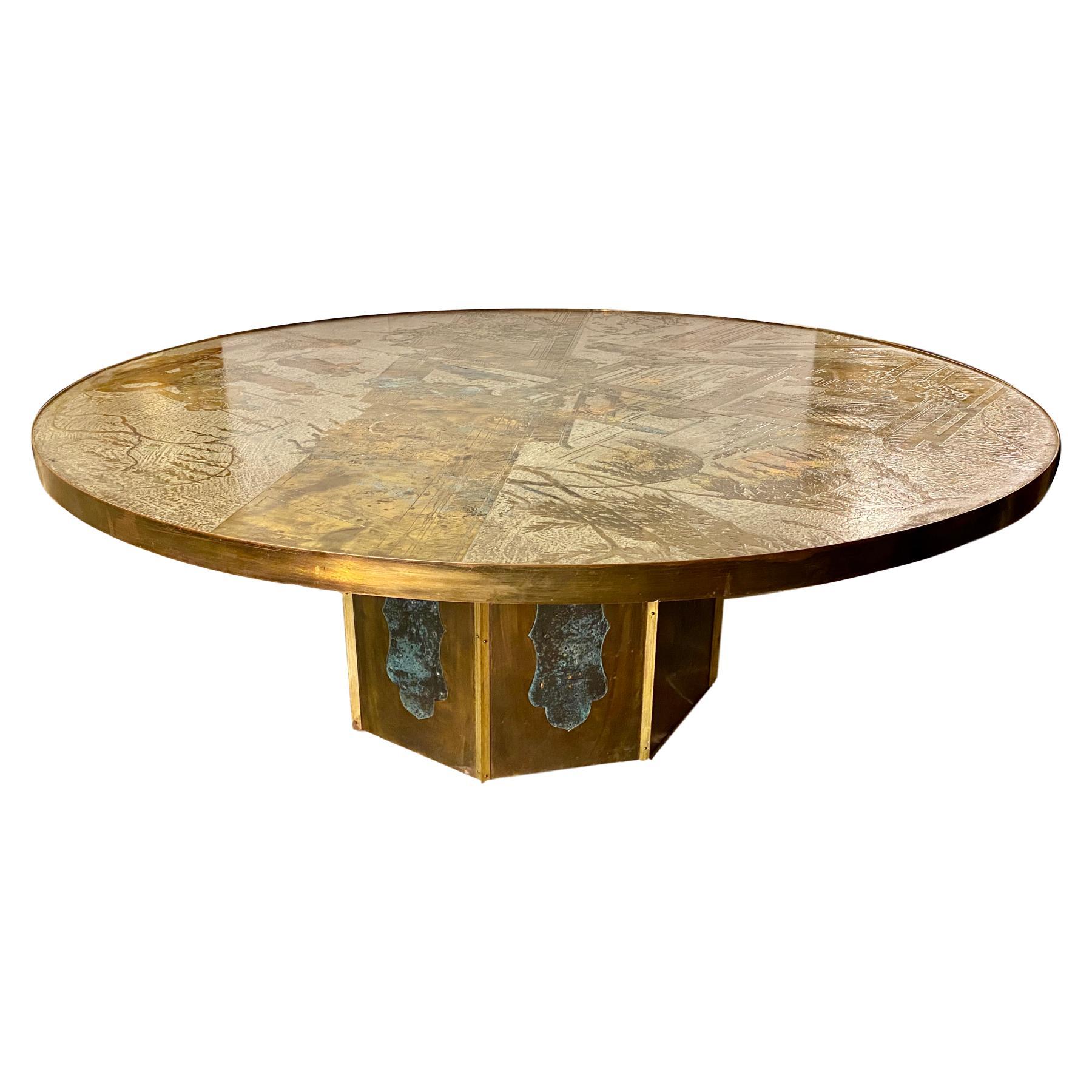 A circa 1960's American silver and patinated bronze LaVerne round coffee table with original patina.

Measurements:
Diameter: 48