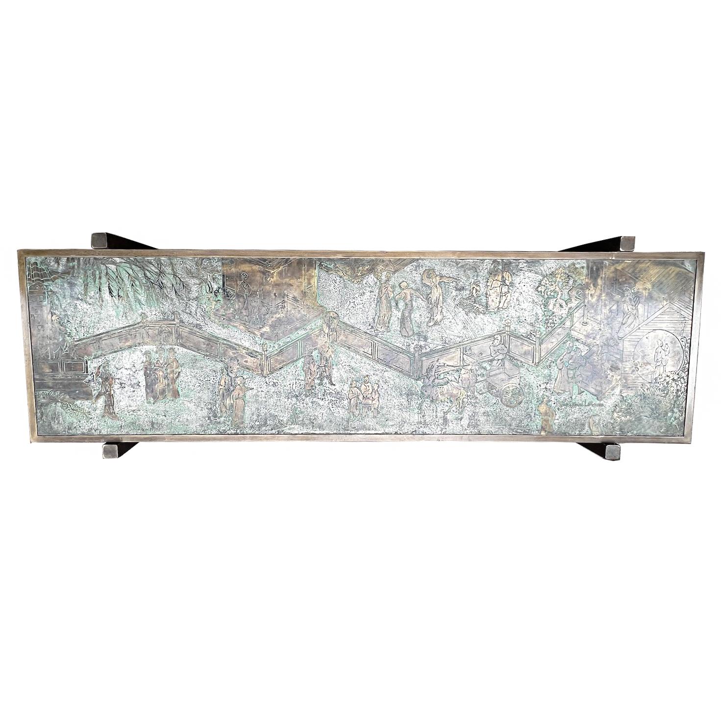 A midcentury patinated bronze coffee table with verdigris patina by LaVerne.

Measurements:
Length:69