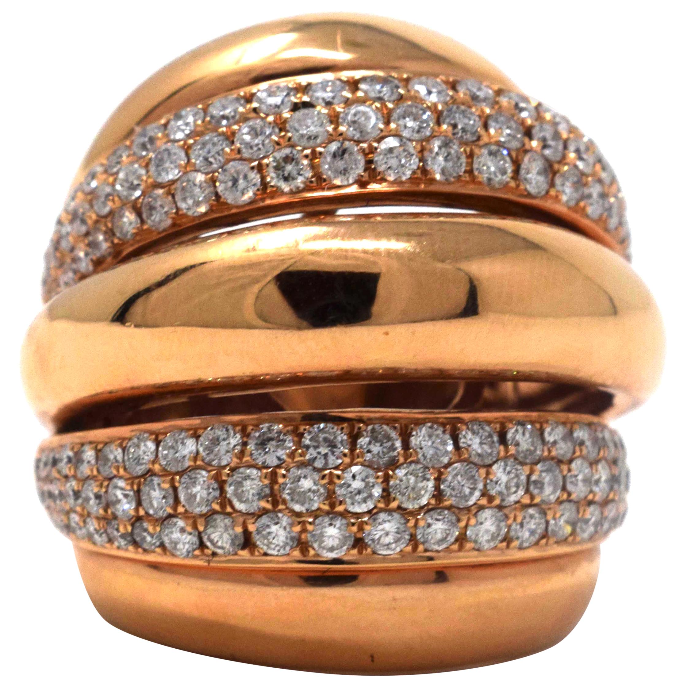 Large Layered Round Brilliant Diamond Cocktail Ring in Rose Gold For Sale